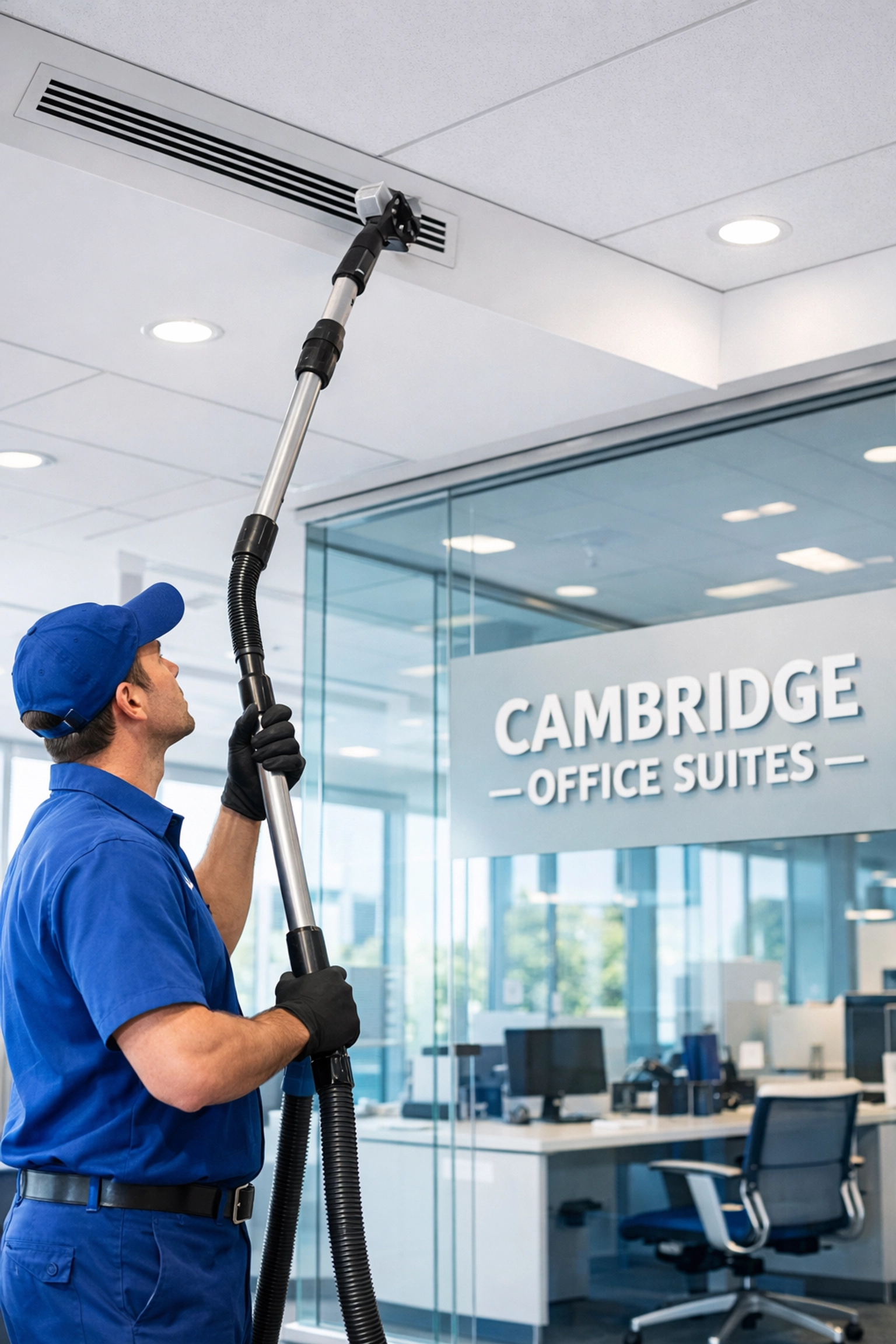 Professional cleaner sanitizing vents for post-construction cleaning in Massachusetts offices.