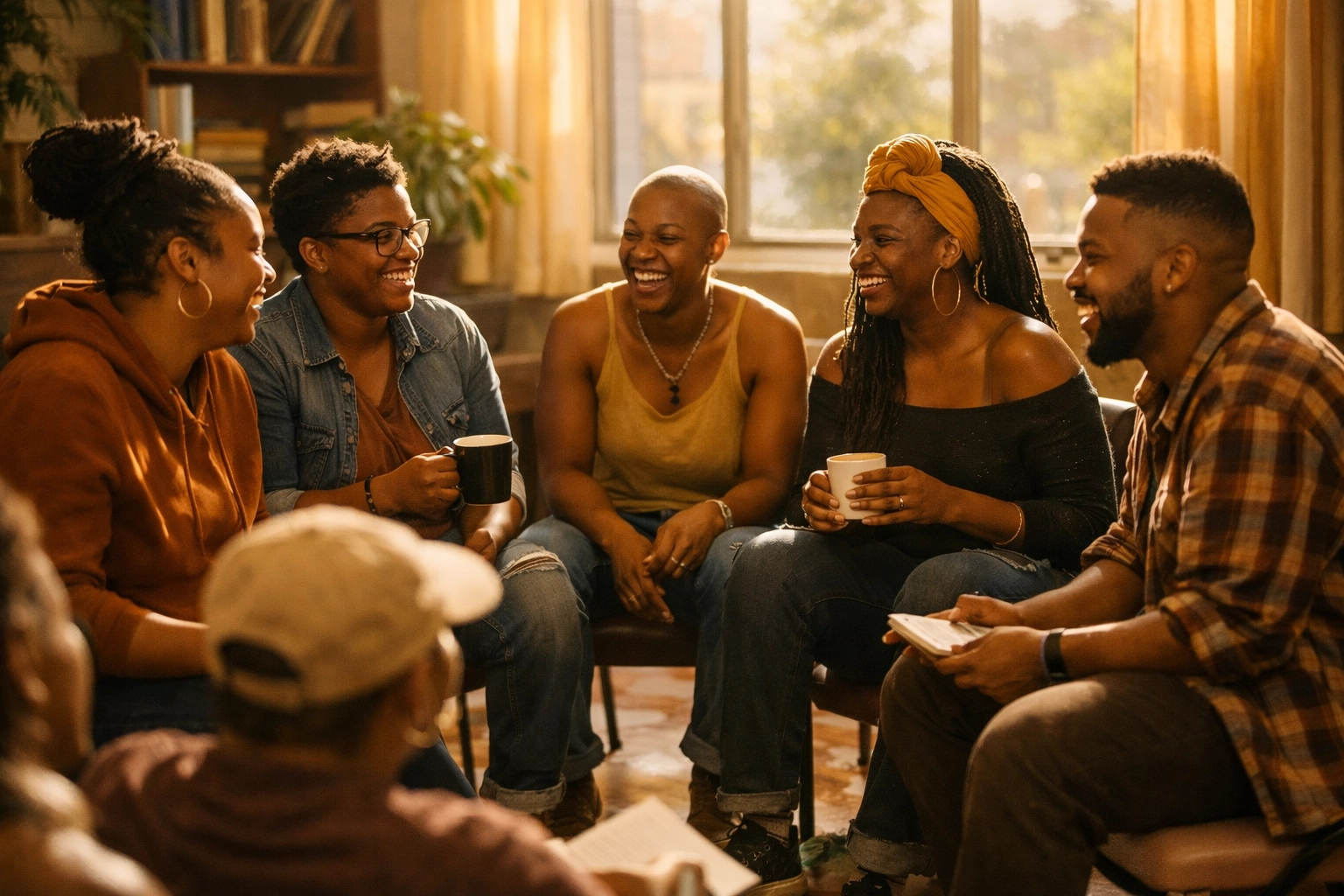 Black LGBTQ+ community members sharing stories in welcoming safe space