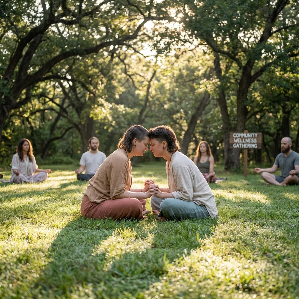 LGBTQ+ couple practicing naked partner yoga outdoors in morning sunlight
