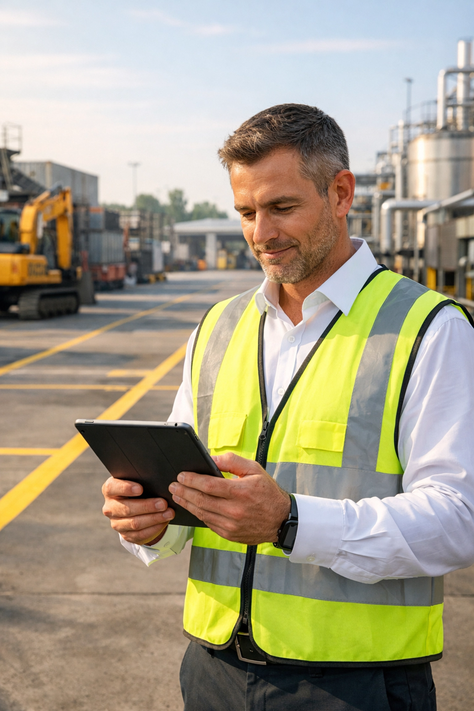 Professional site manager using a tablet to conduct a facilities management safety inspection.