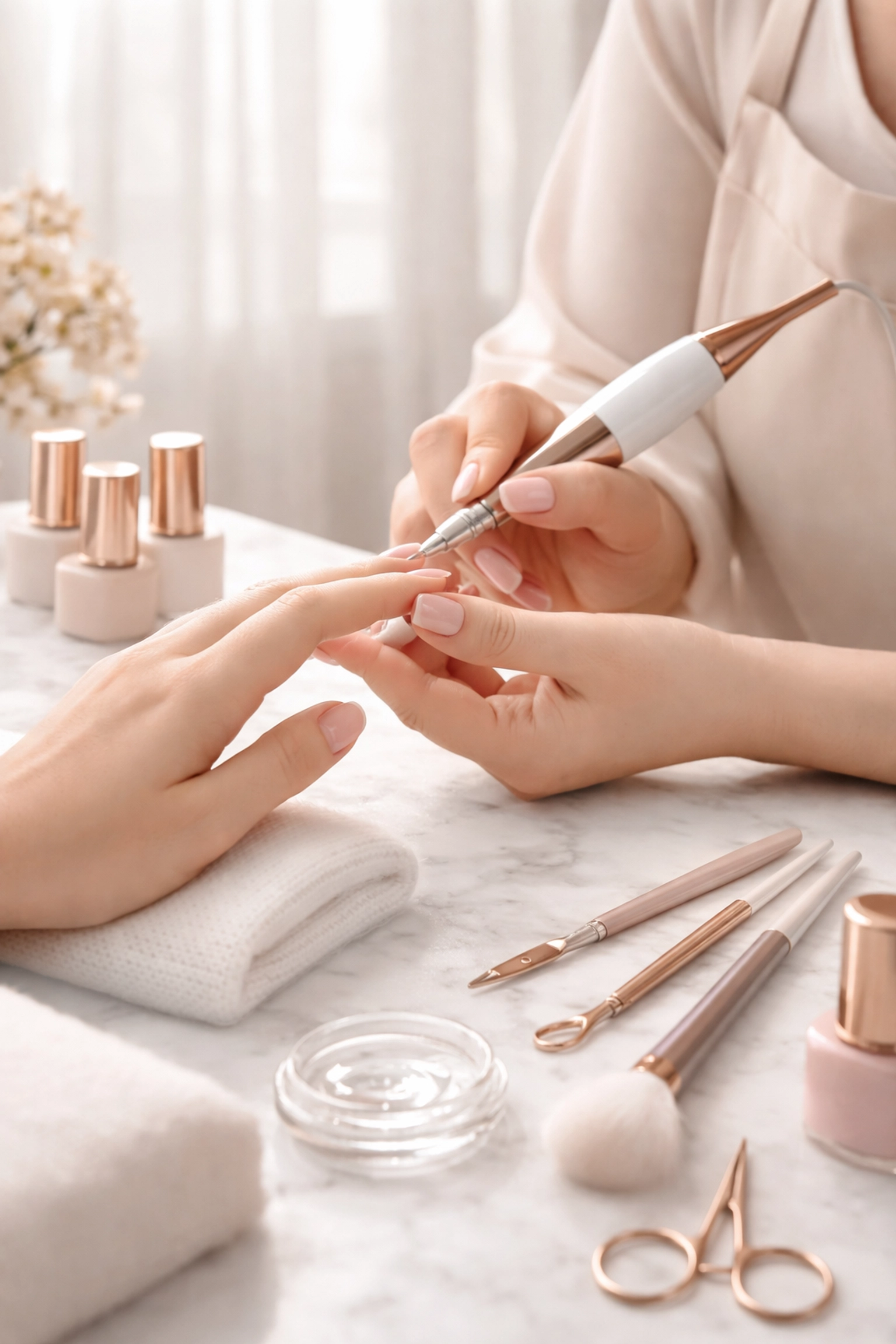 Japanese gel nail technician perfecting a client's manicure in a pristine salon, highlighting luxury and precision.
