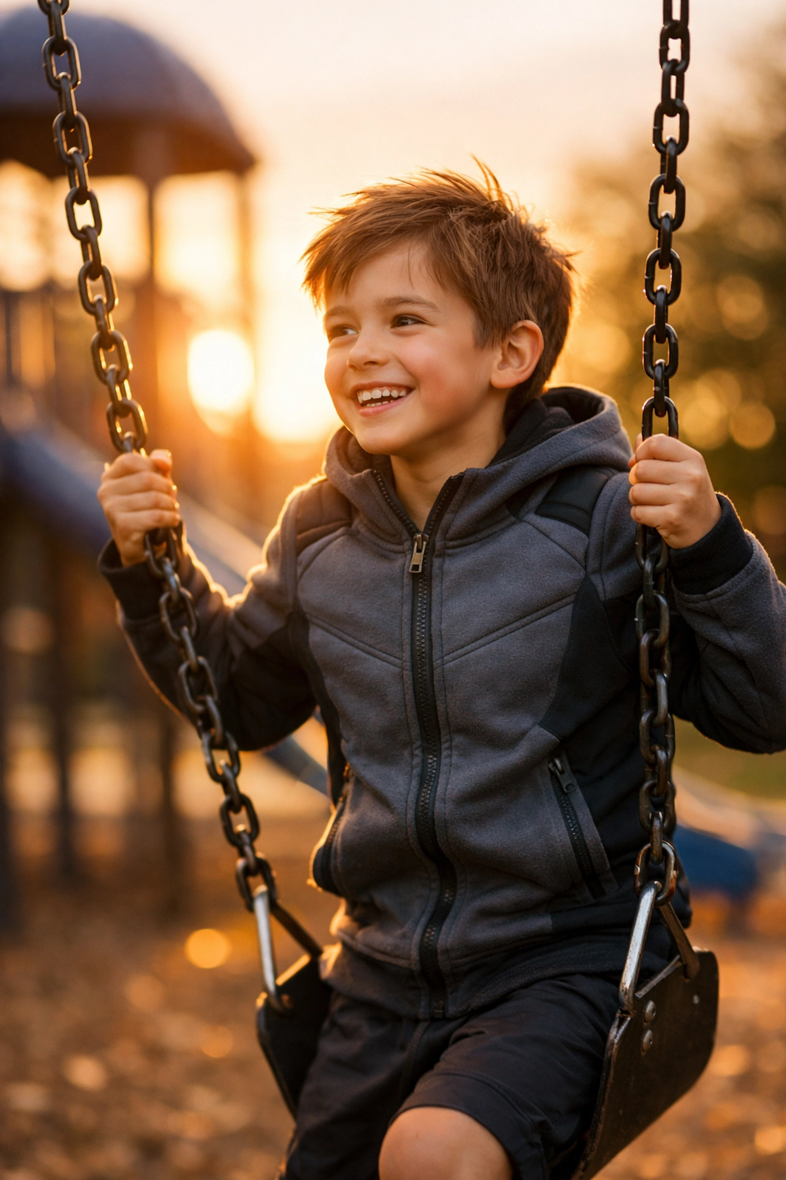 Child wearing weighted hoodie for sensory processing playing confidently on playground