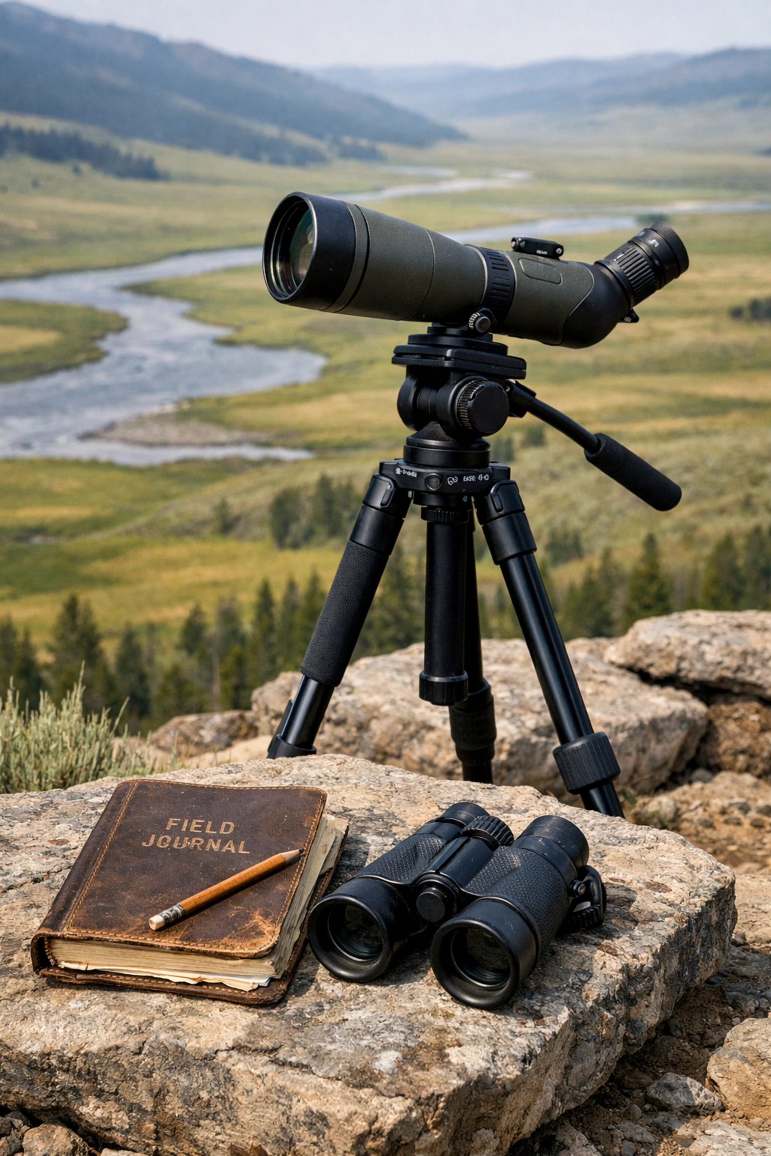 Scientific equipment including a spotting scope and field journal for student wildlife data collection in Yellowstone.
