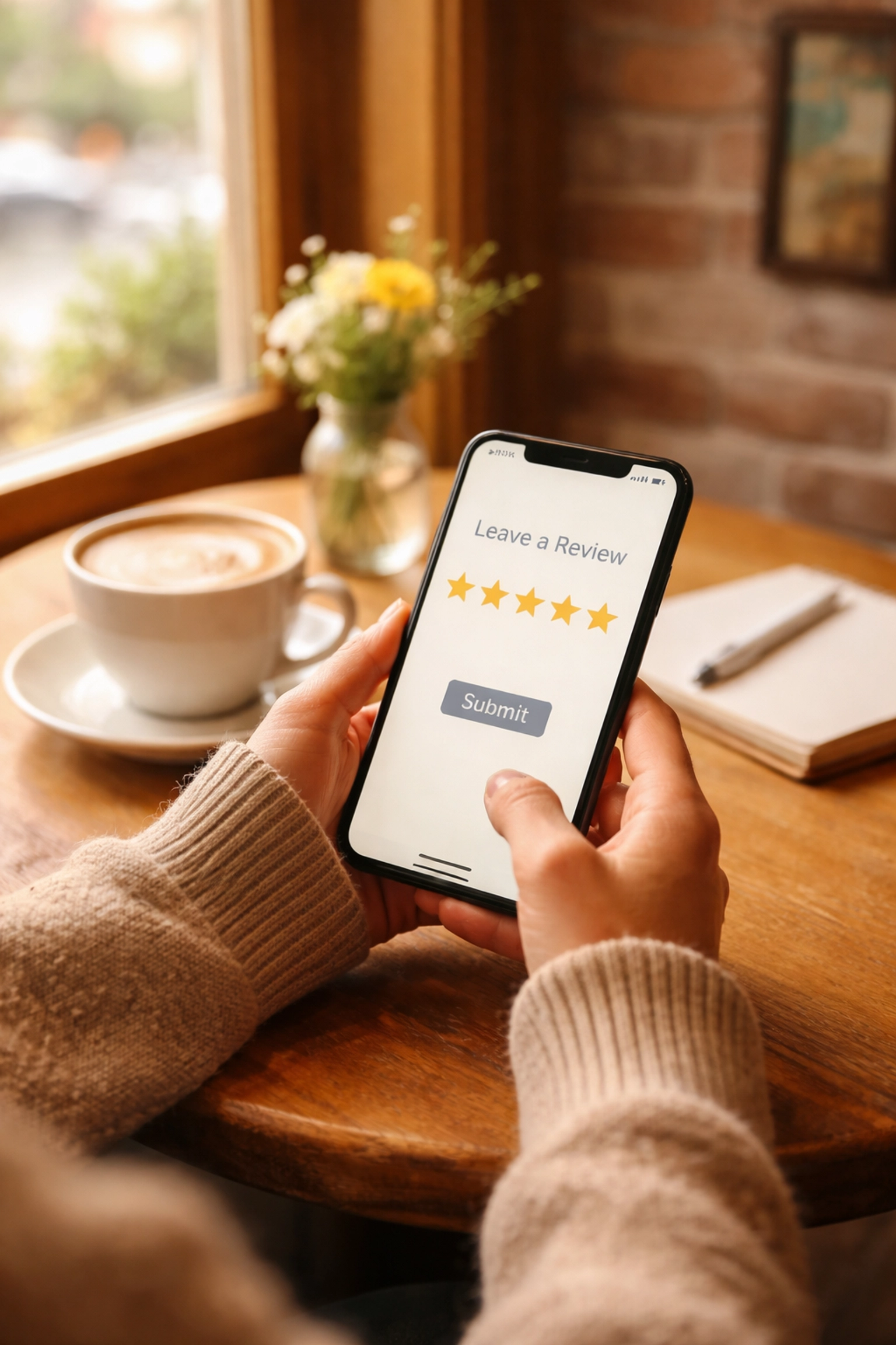 Person leaving a 5-star Google review for a Summerville small business at a cozy local café table