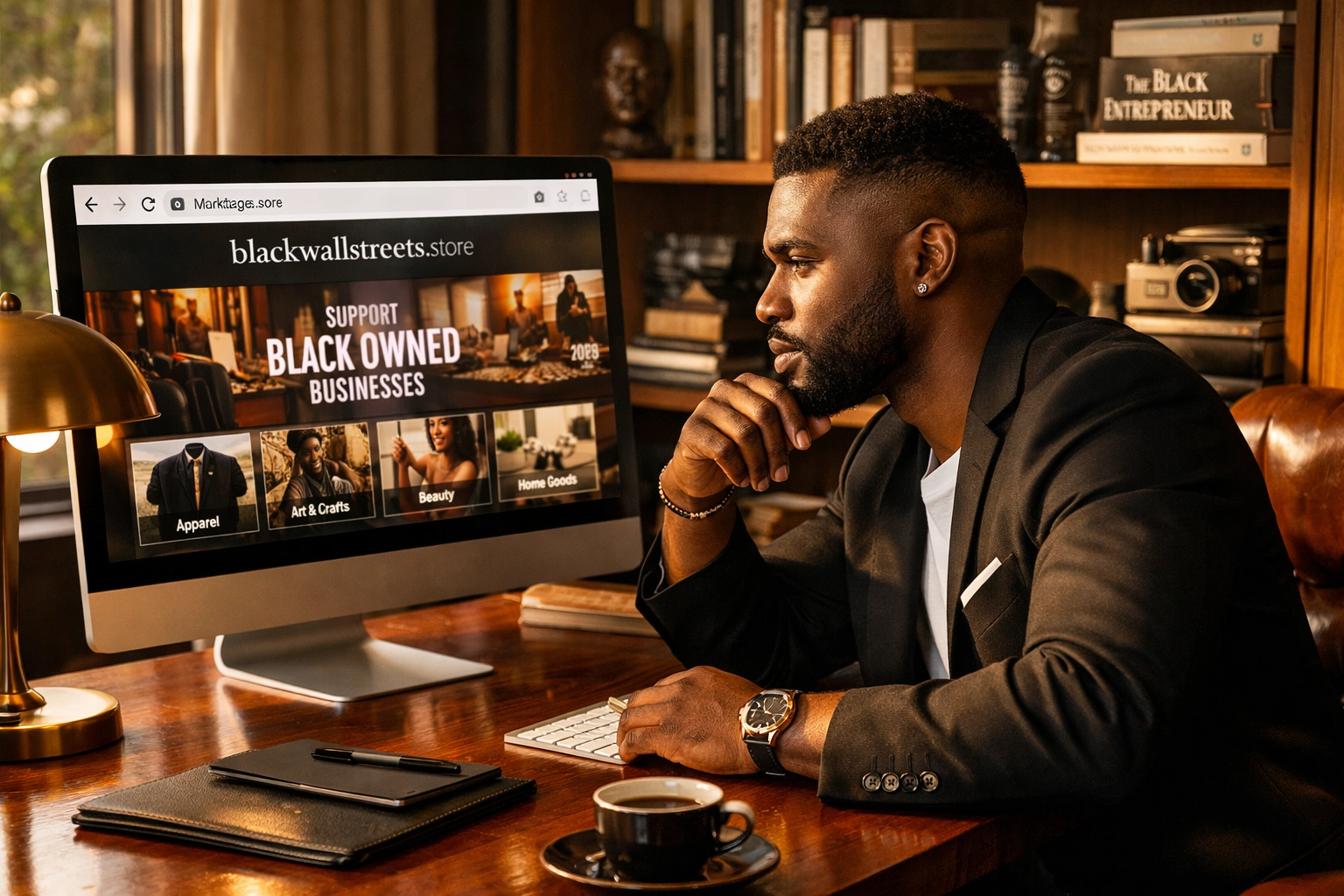 A man exploring Black-owned businesses on the Black Wall Streets marketplace in a modern home office.