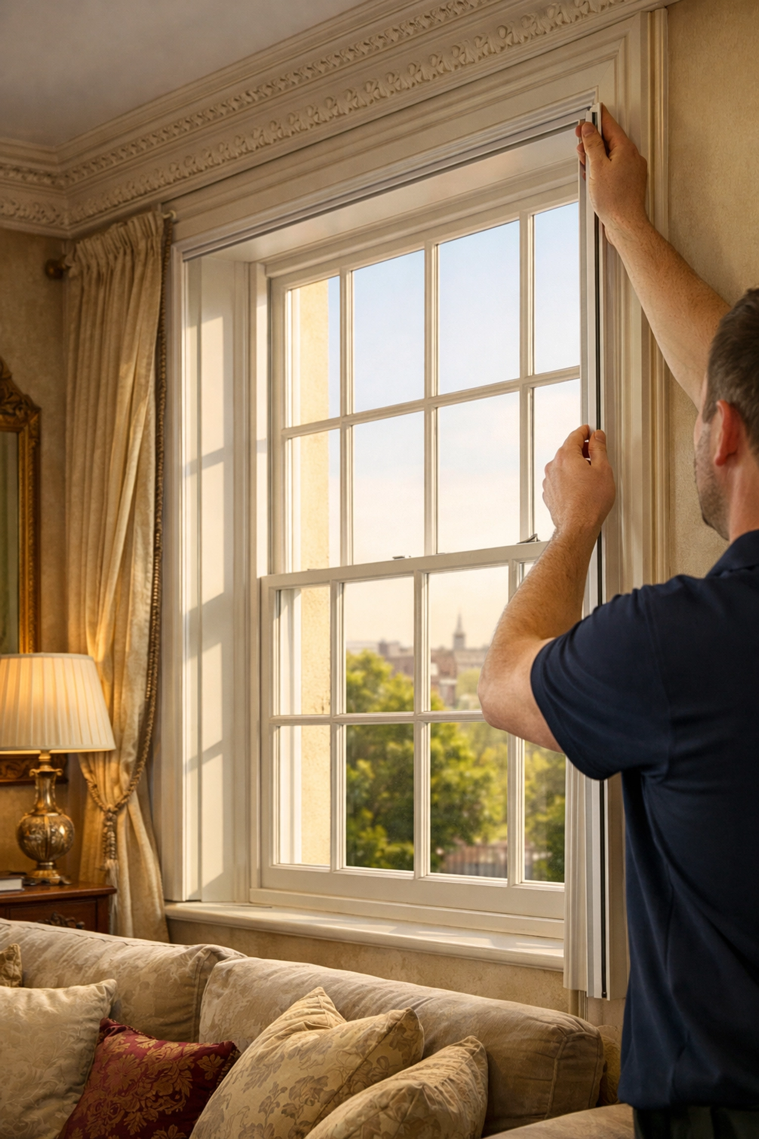 Professional installation of slim secondary glazing for listed building sash windows.