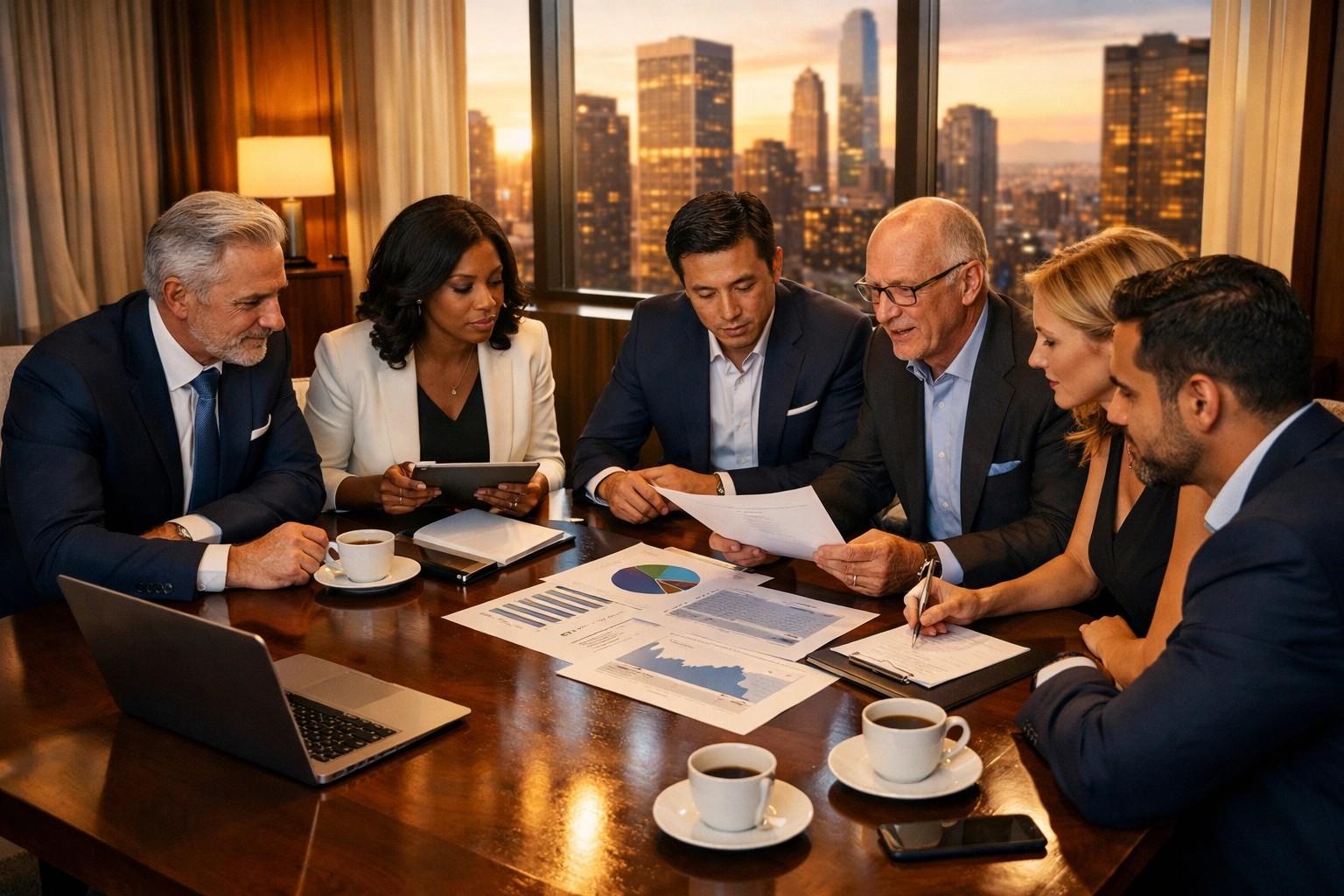 Business executives planning Super Bowl networking strategy around conference table