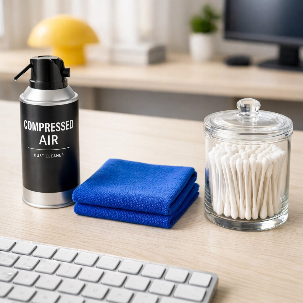 Professional keyboard cleaning kit with compressed air, microfiber cloth, and cotton swabs on a desk.