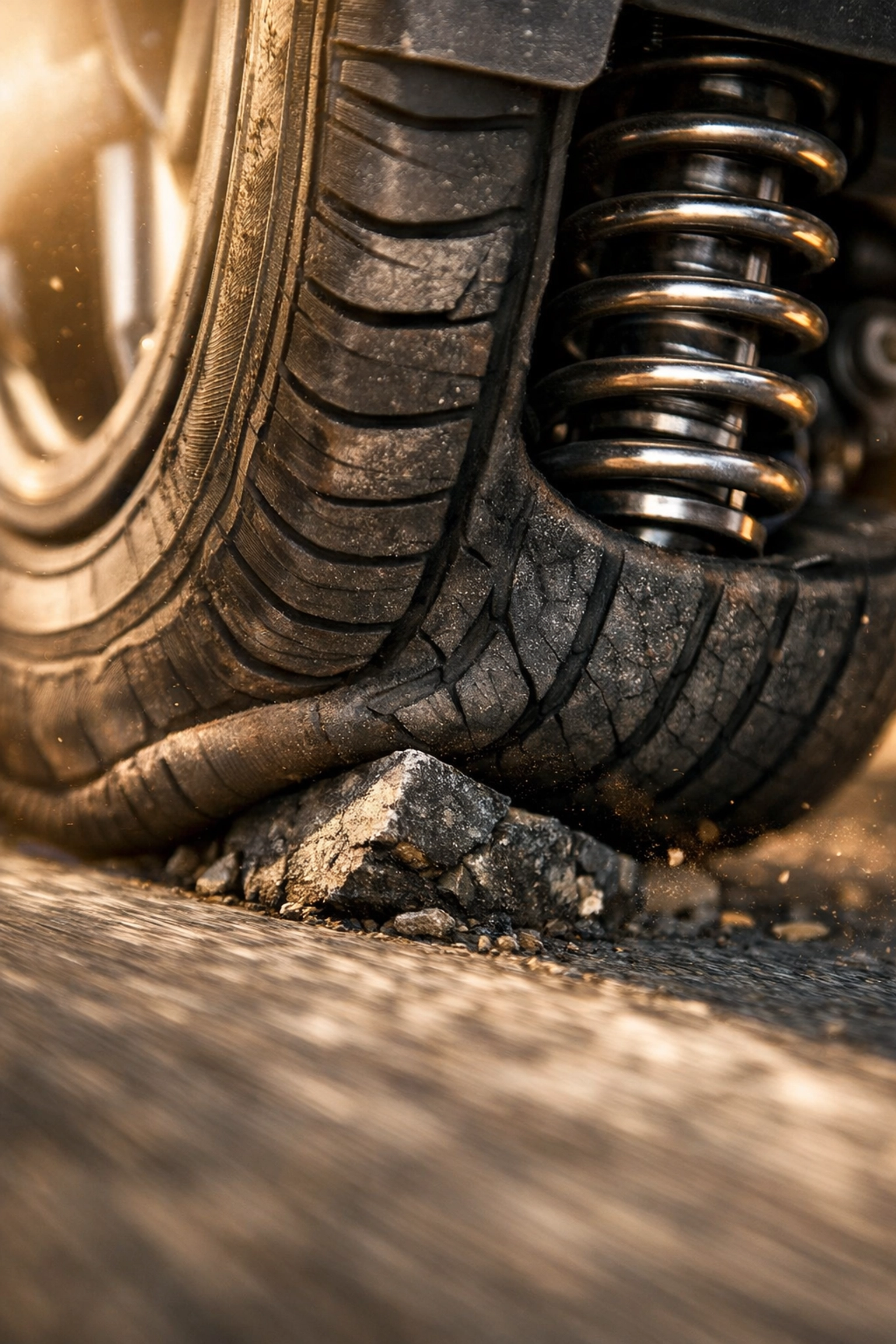 Under-inflated tire hitting a bump, showing mechanical stress on the car suspension system.