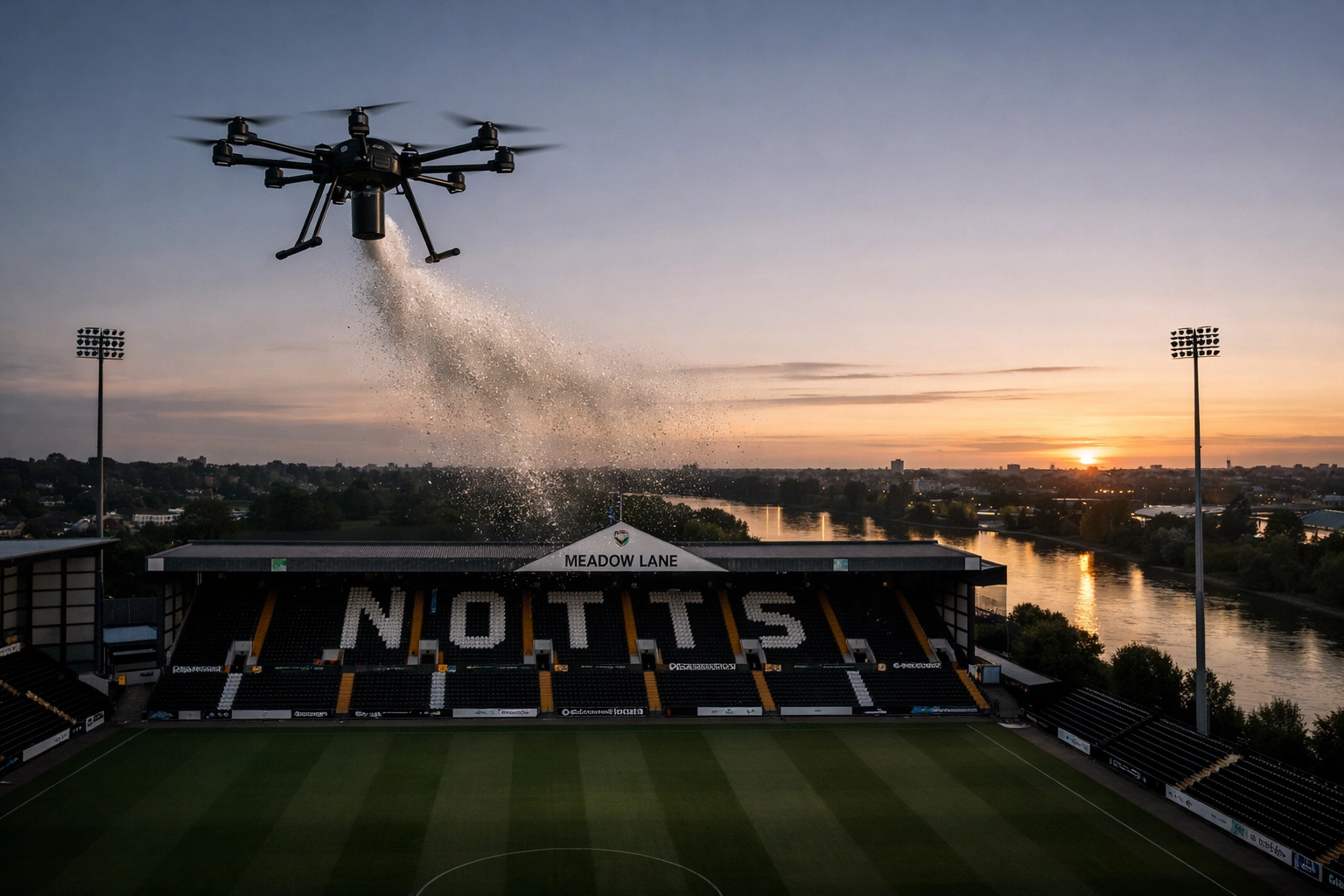 Dignified drone ash scattering ceremony over the stands of Meadow Lane Stadium for a Notts County fan.