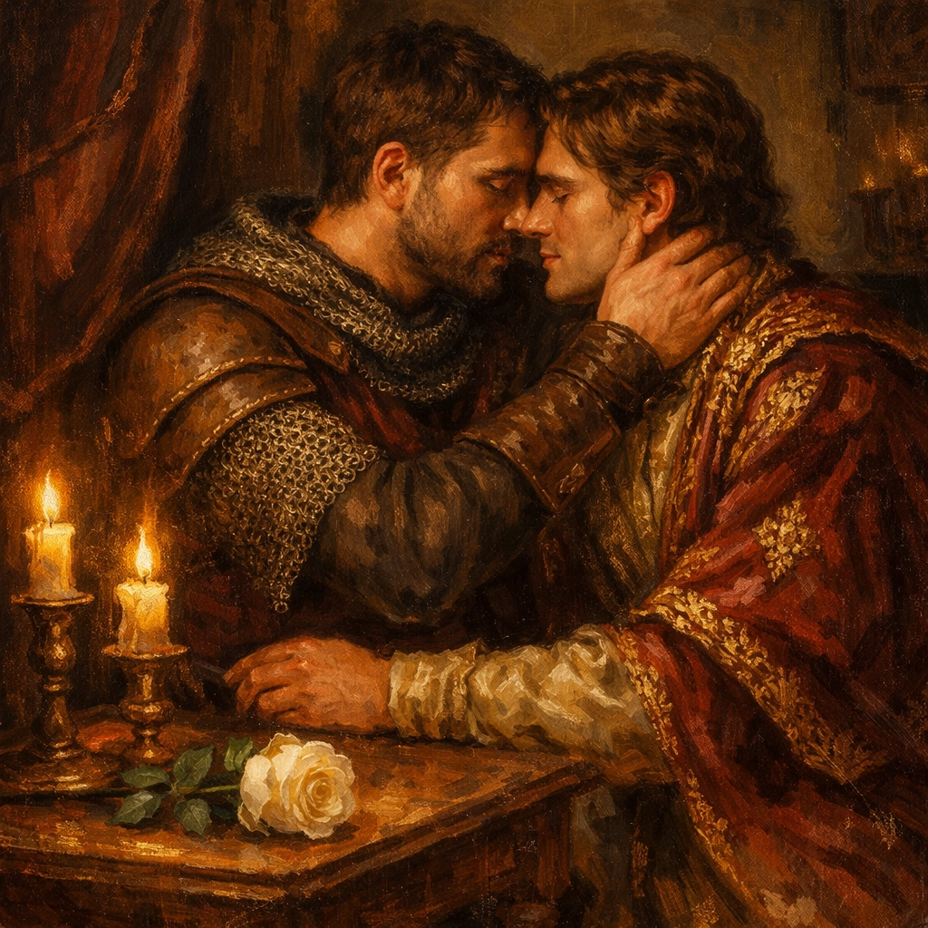 Knight and prince sharing intimate moment with white rose in candlelit chamber - medieval gay romance