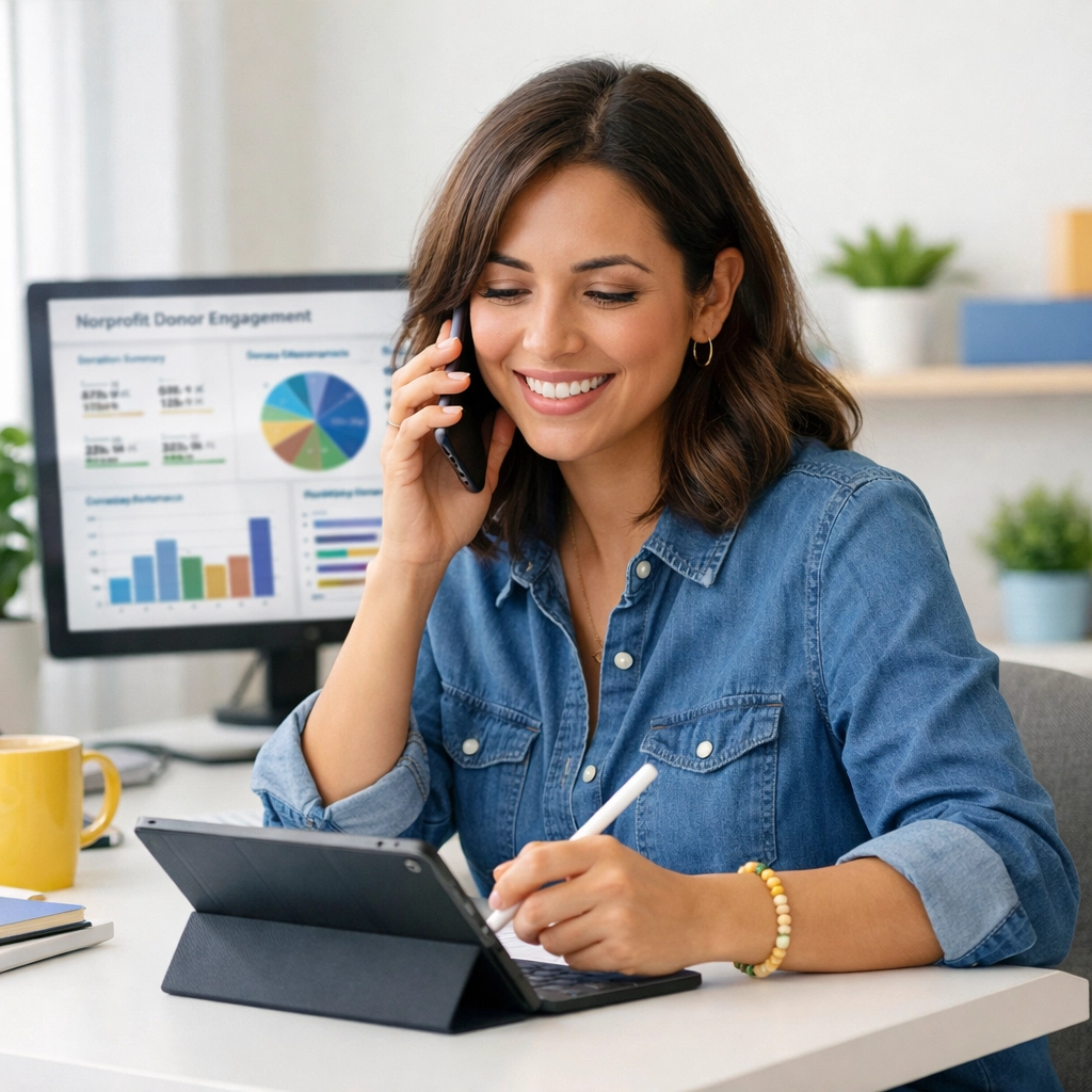 Nonprofit fundraiser conducting donor outreach call with engagement data
