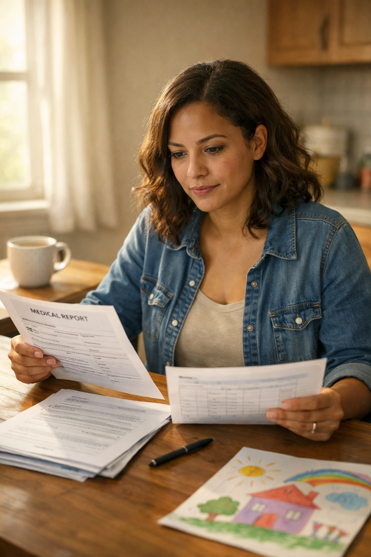 Parent reviewing autism evaluation documents and school IEP paperwork at home