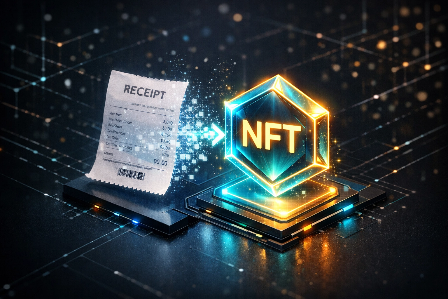 Digital transformation of a paper receipt into an NFT token for secure blockchain merchant accounting.