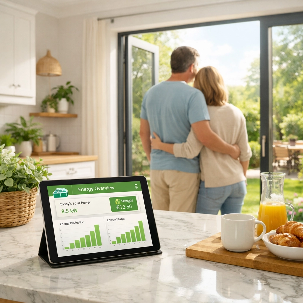 Dorset homeowners tracking renewable solar energy savings on a digital tablet dashboard.