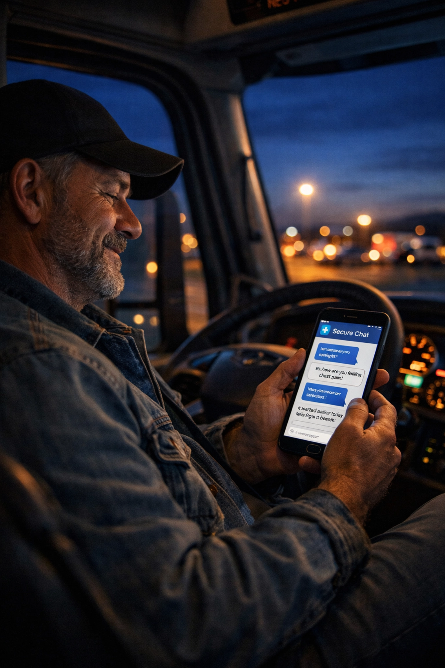 Truck driver using 24/7 online medical chat on a smartphone for secure text-based healthcare.