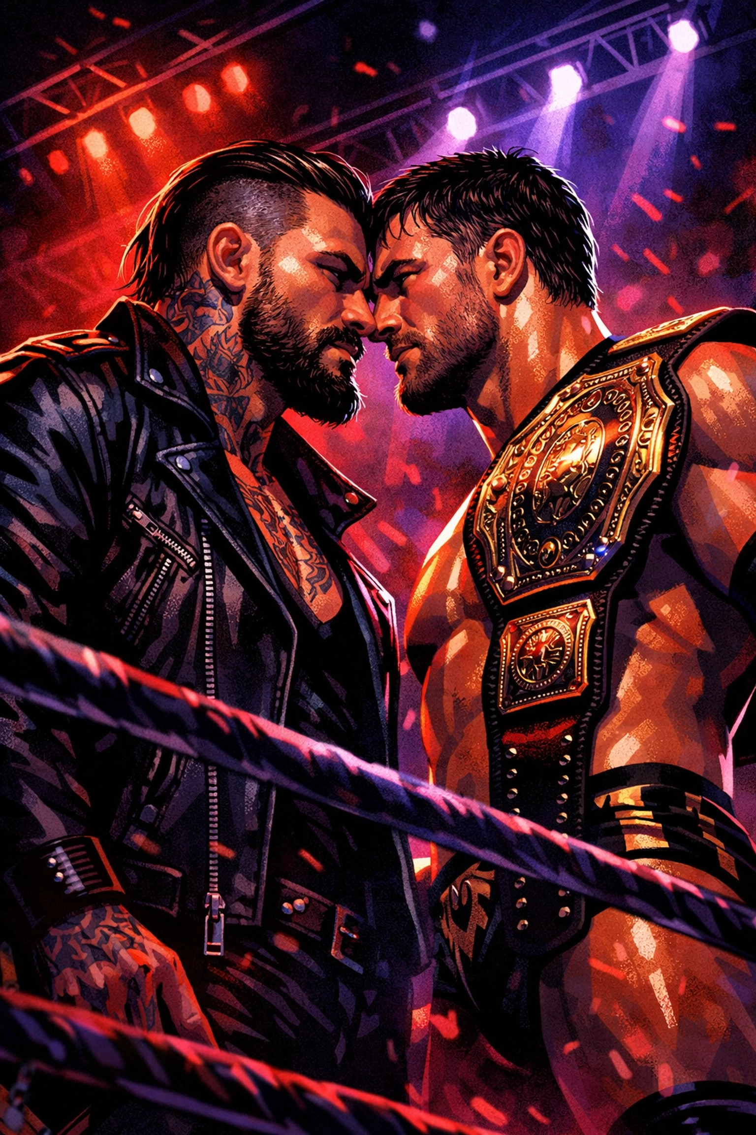 Male wrestlers in intense ring face-off depicting gay romance book scene