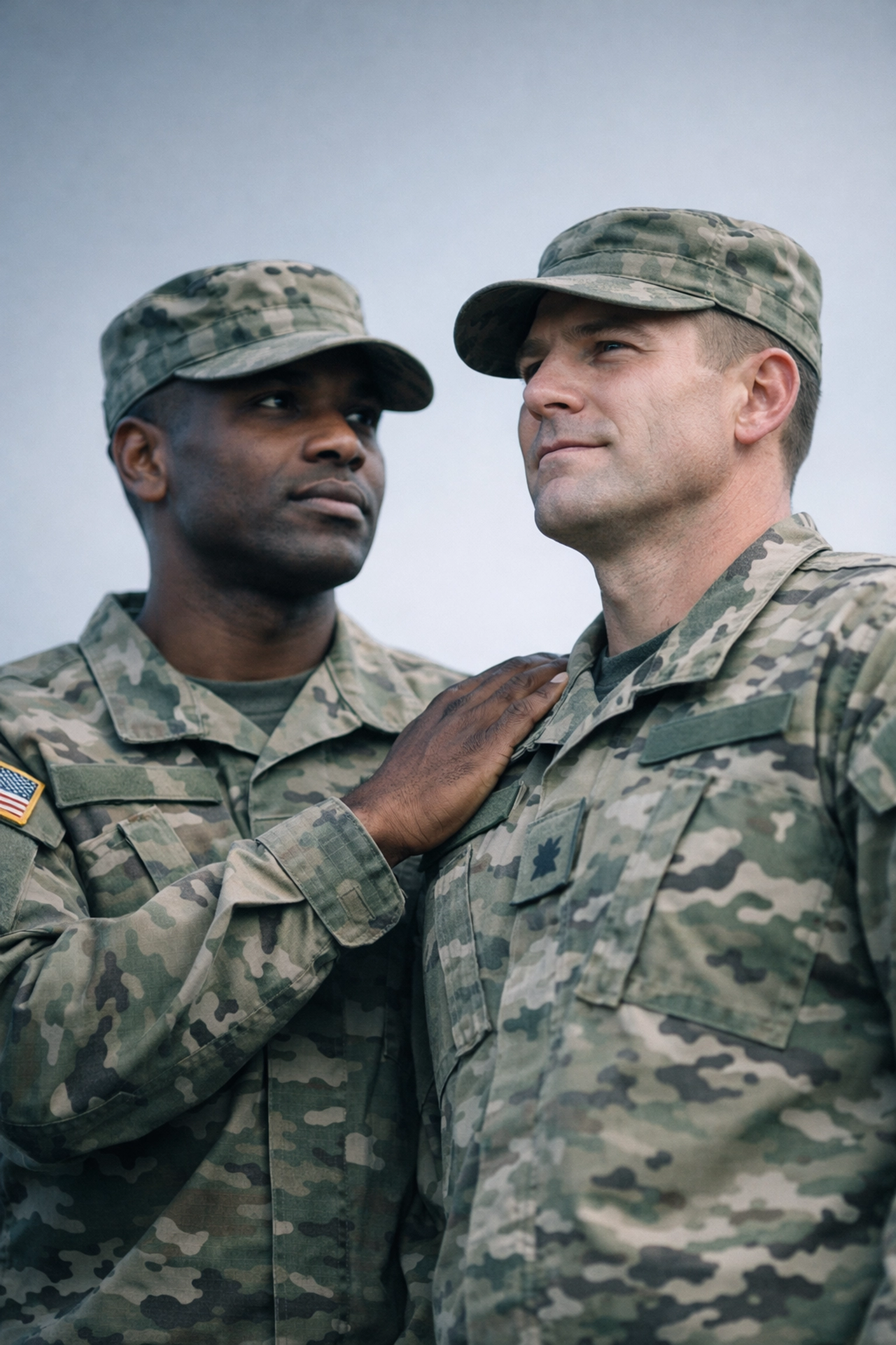 Two veterans standing together showing support for VA disability buddy statement process Two veterans standing together showing support for VA disability buddy statement process