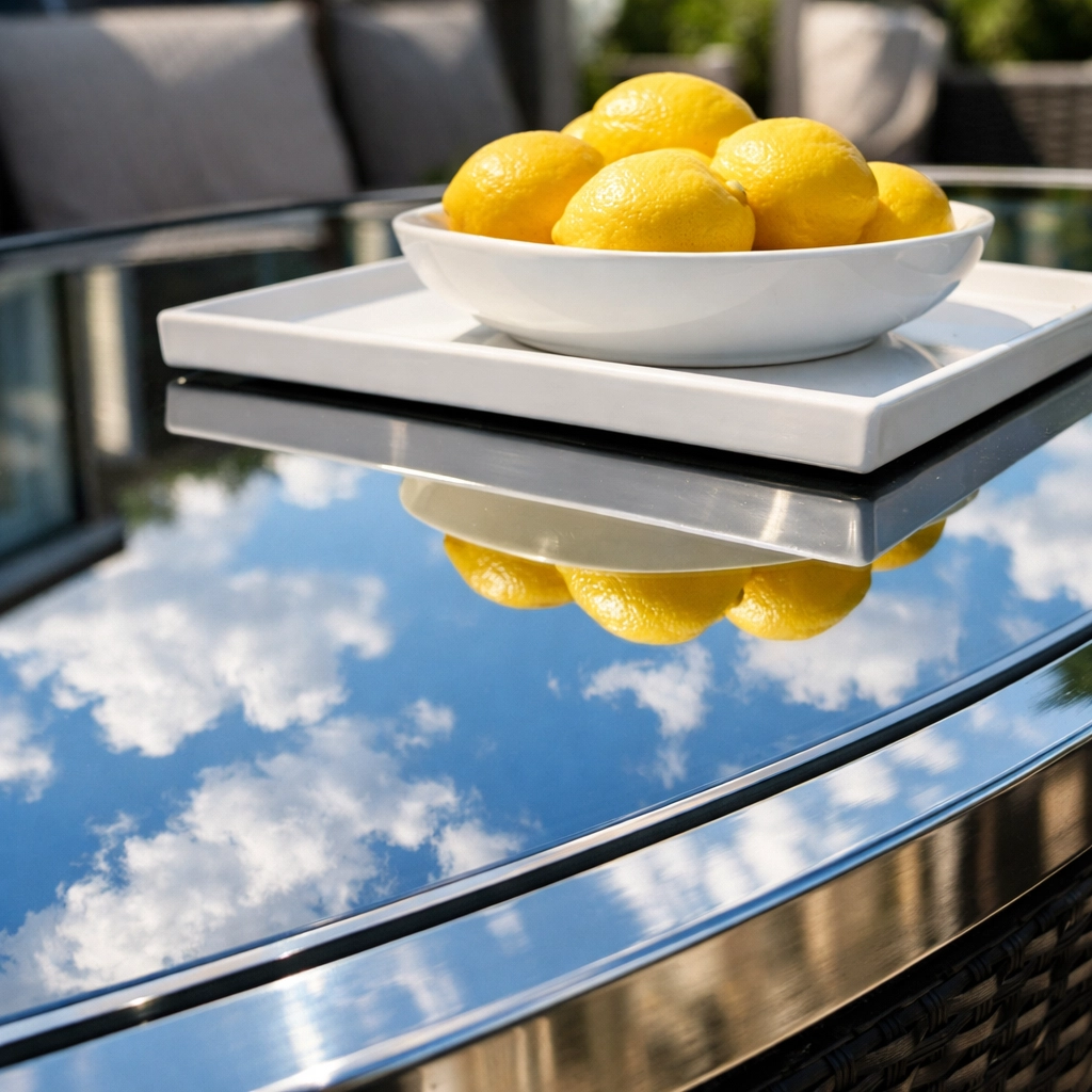 Crystal clear streak-free glass patio table top reflecting the sky after cleaning.