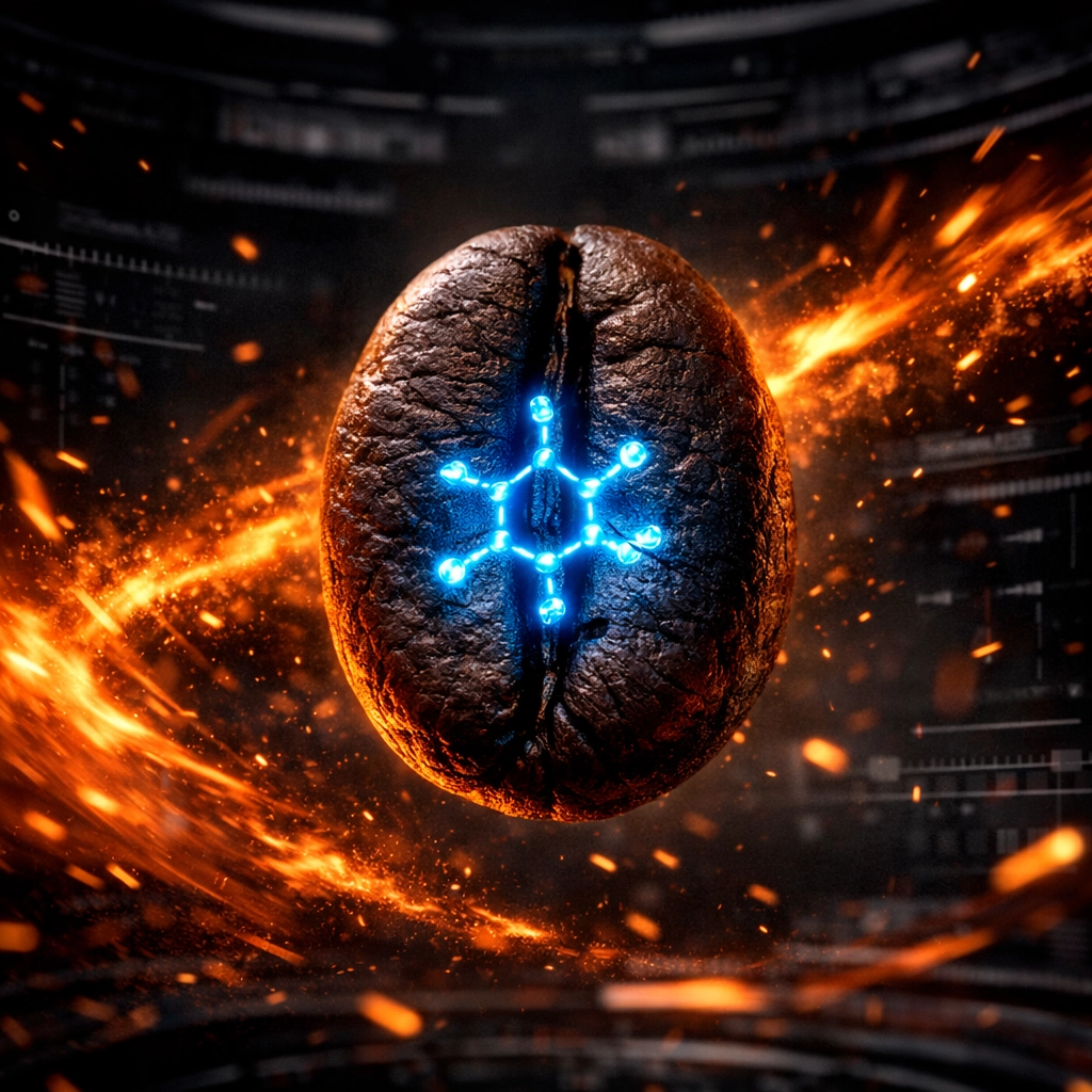 A single coffee bean showing caffeine stability under extreme heat during the roasting process.