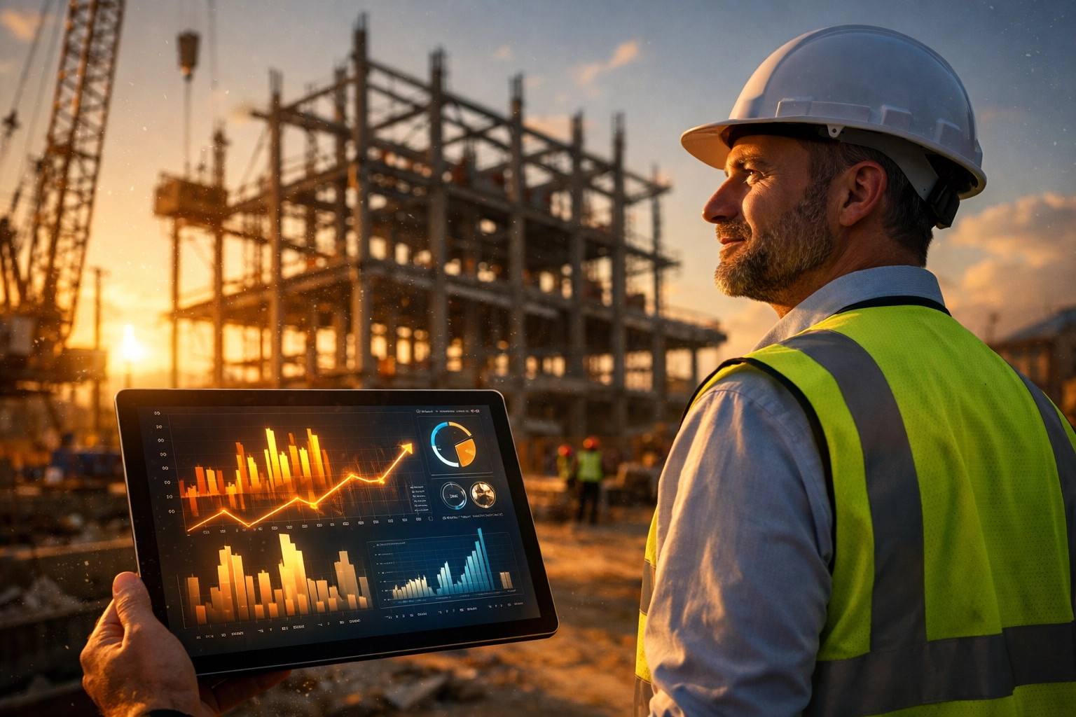 Construction site manager using a tablet for CIS compliance and contractor project management.