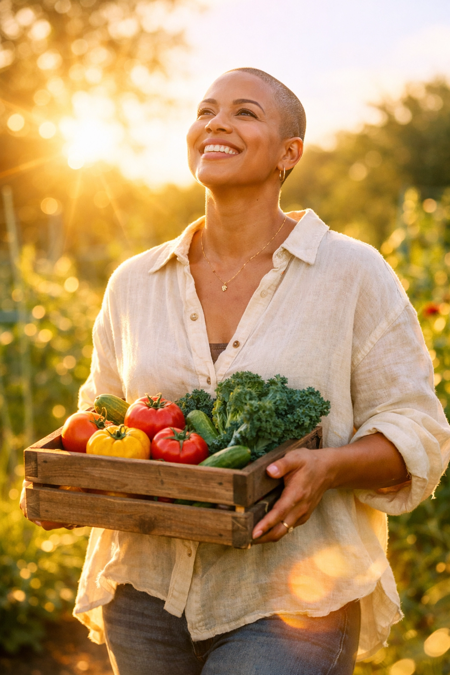 Person in a sunlit garden with fresh vegetables, representing health and vitality after going gluten-free.