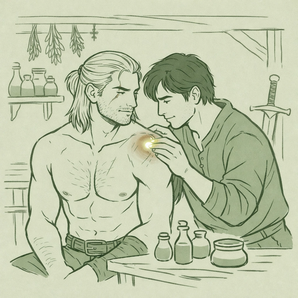 Witcher receiving healing care from his lover in fantasy workshop - MM romance preparation ritual