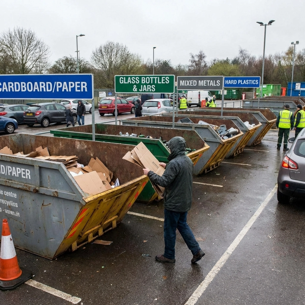 Person carrying cardboard box to recycling centre skips labelled for plastics, glass, and metal