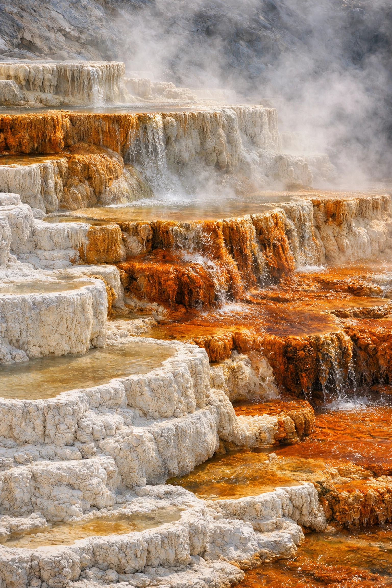 Mammoth Hot Springs travertine terraces with colorful bacterial mats at Yellowstone