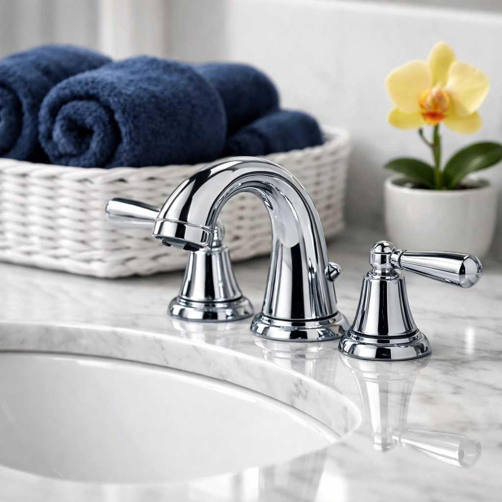 Professionally cleaned luxury bathroom vanity with sparkling chrome faucet and rolled blue towels.