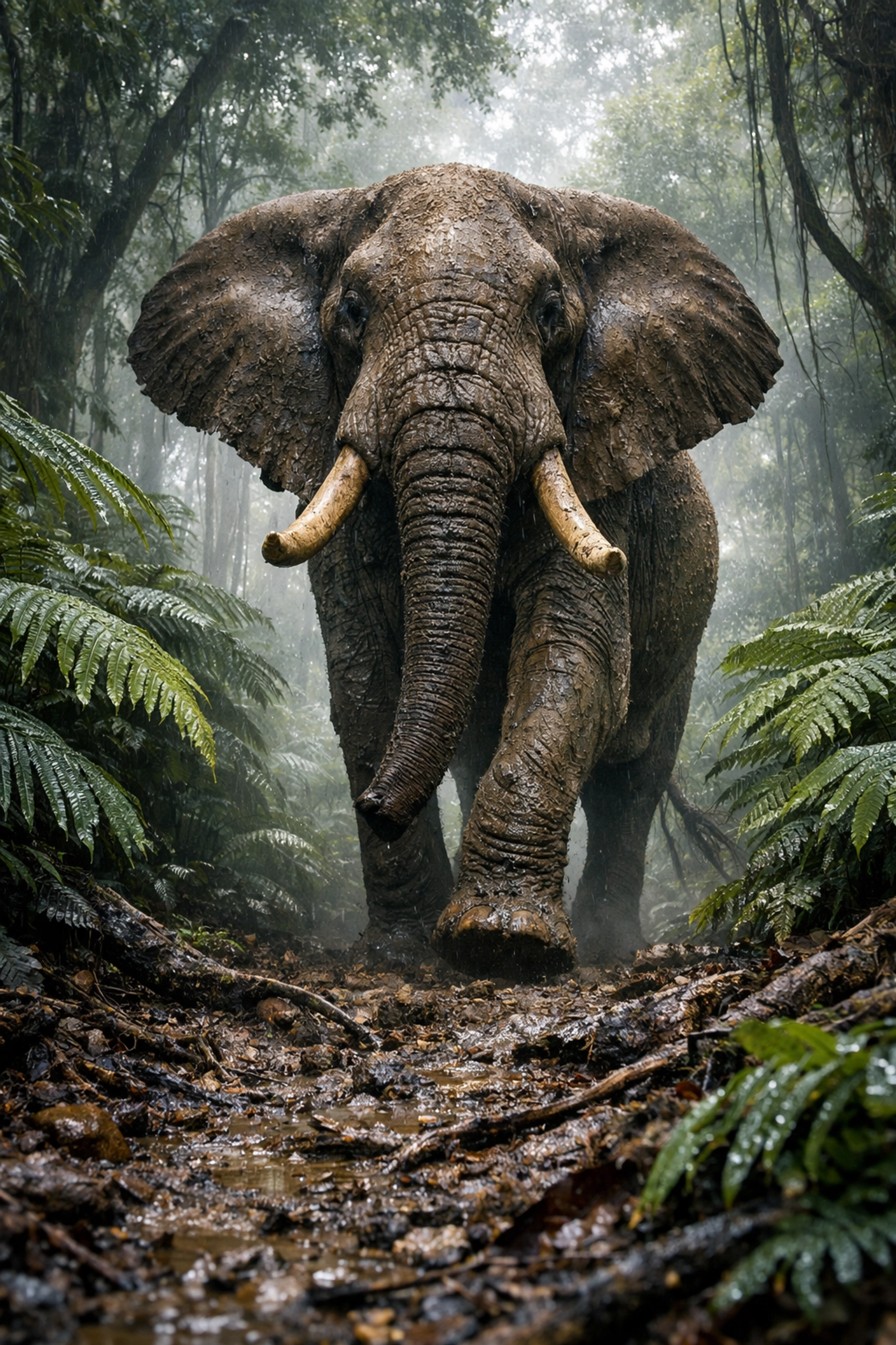 An African forest elephant walking through a misty woodland habitat, highlighting high-quality wildlife photography.