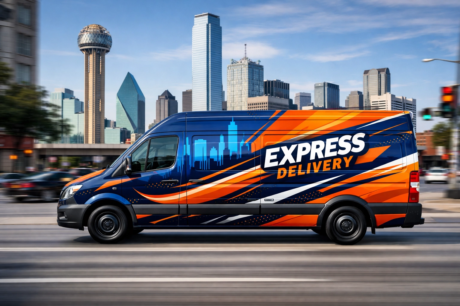A fully wrapped commercial delivery van with high-contrast graphics driving through downtown Dallas.