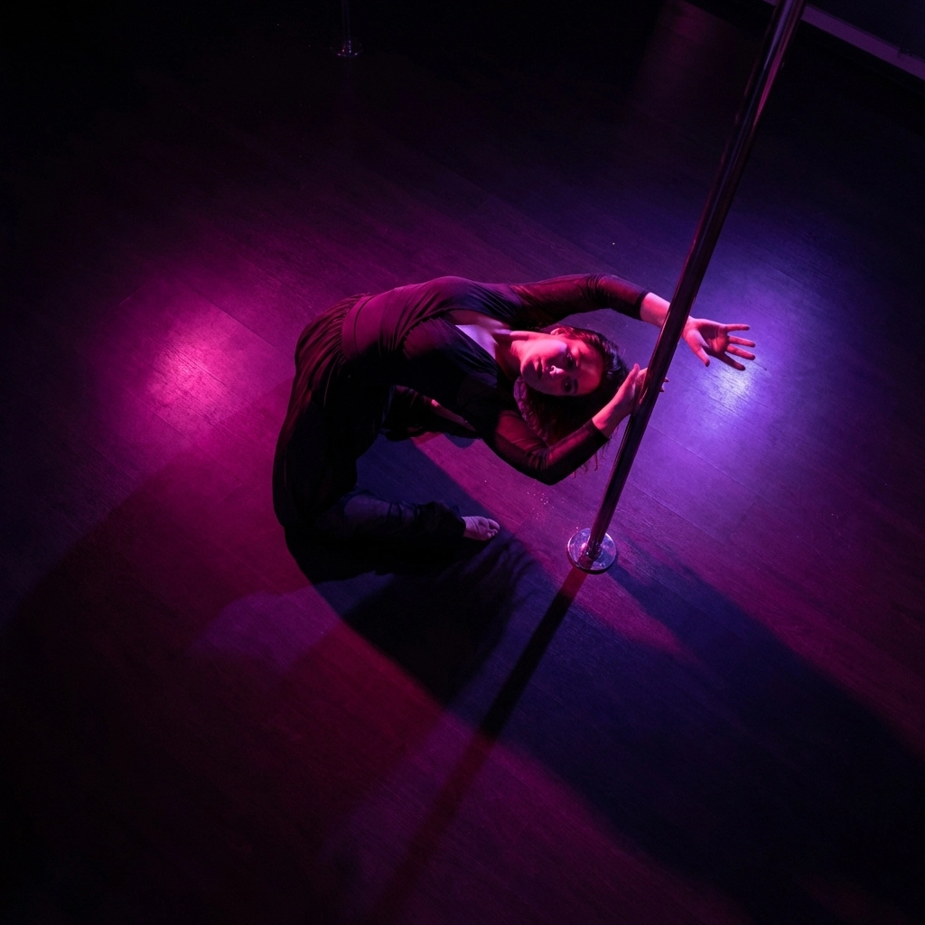 Woman performing sensual floorwork next to a pole in an Austin pole dancing studio