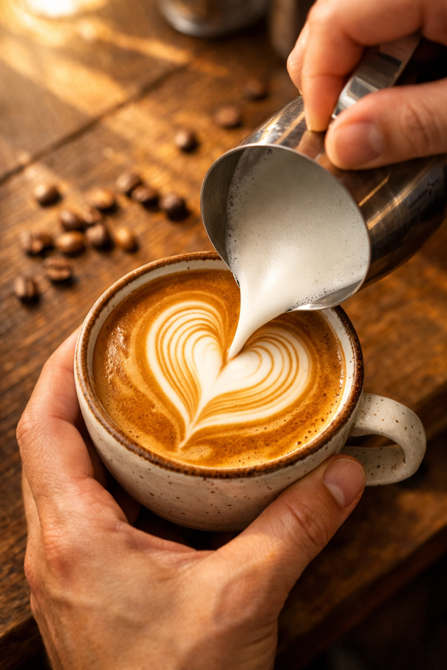 Barista pouring perfect latte art heart, demonstrating consistent coffee quality in specialty café