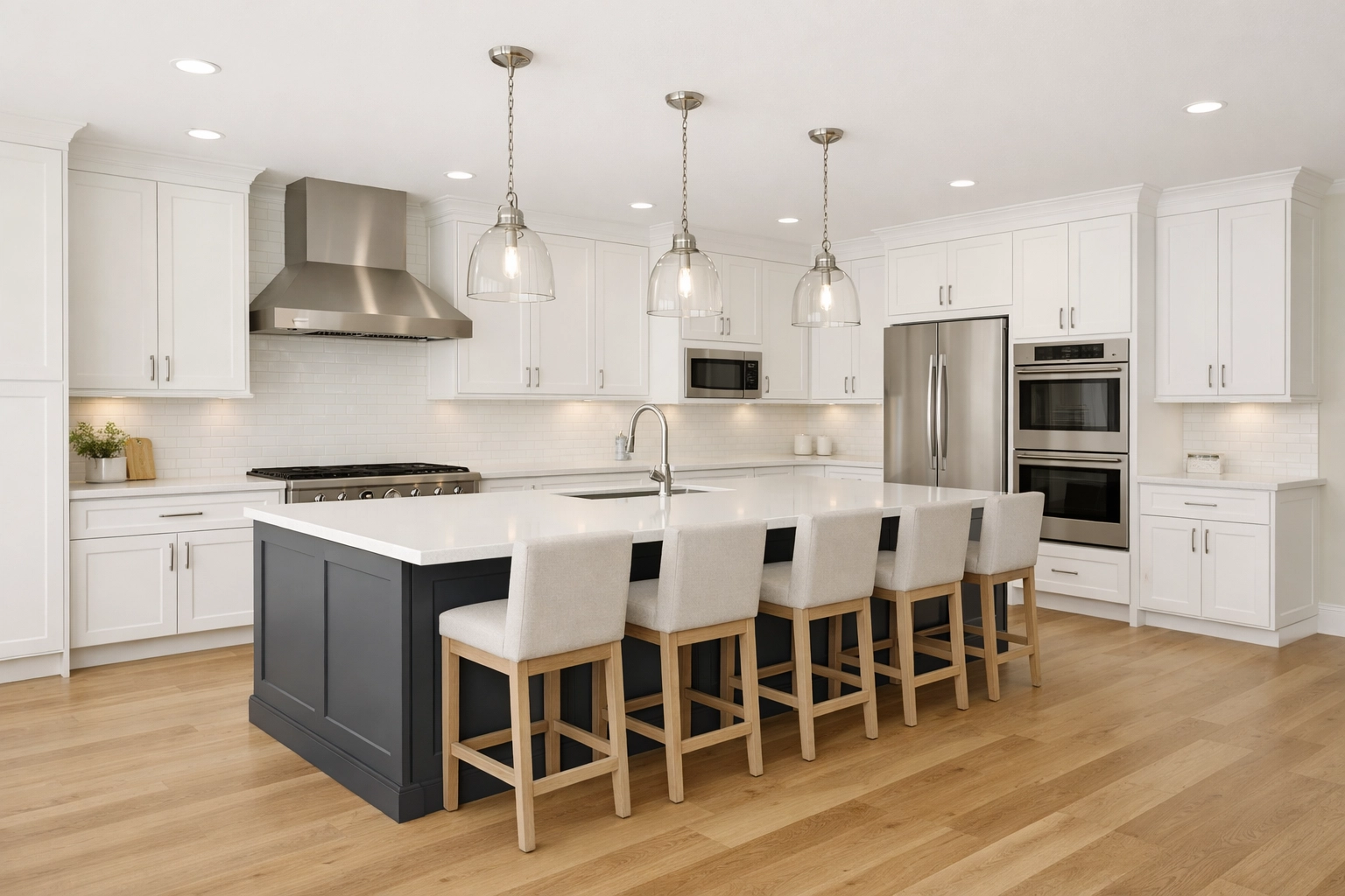 Modern kitchen cabinet refinishing in Alpharetta featuring a bold charcoal grey island.