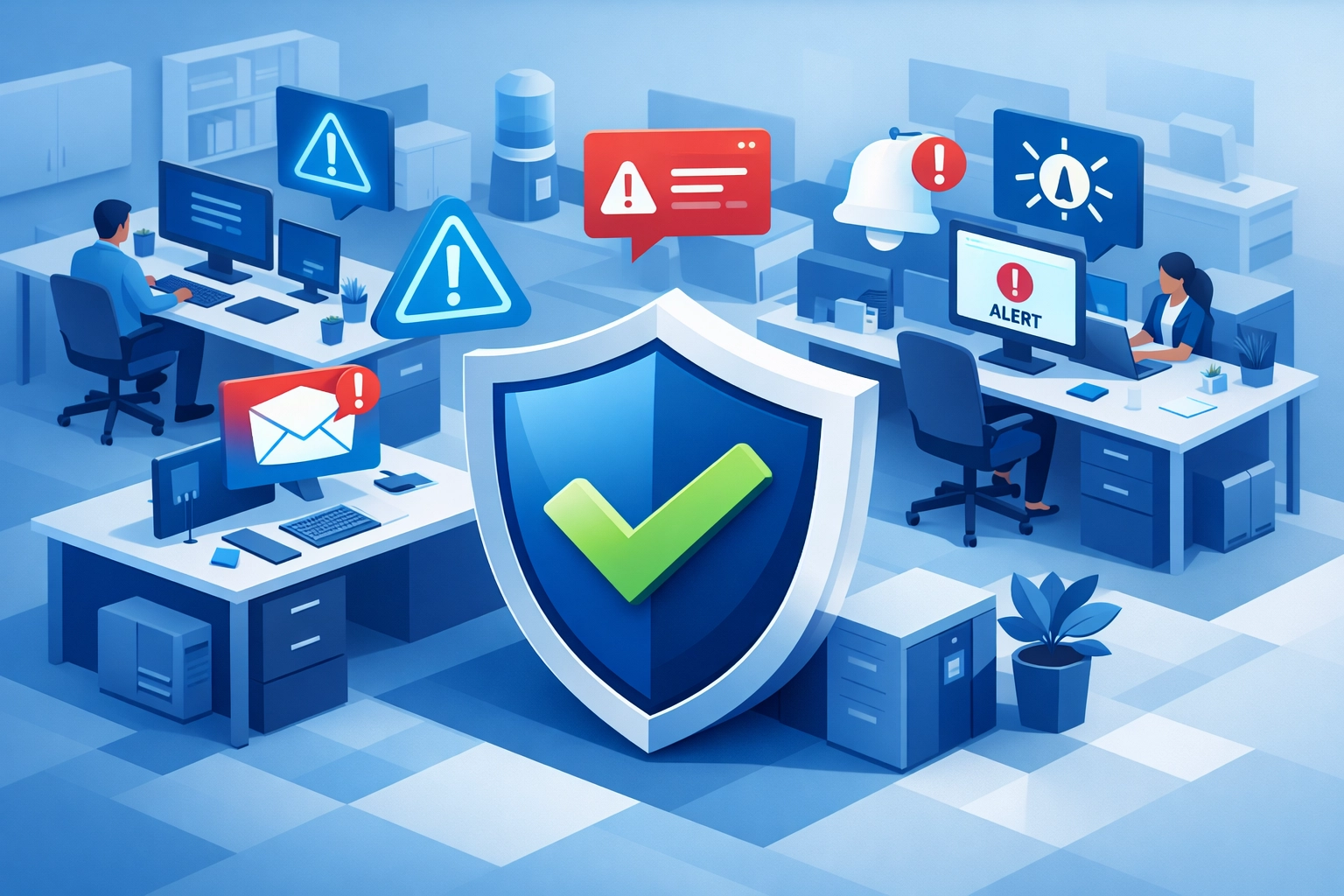 Business office workstations protected by MFA security shields preventing cyber threats