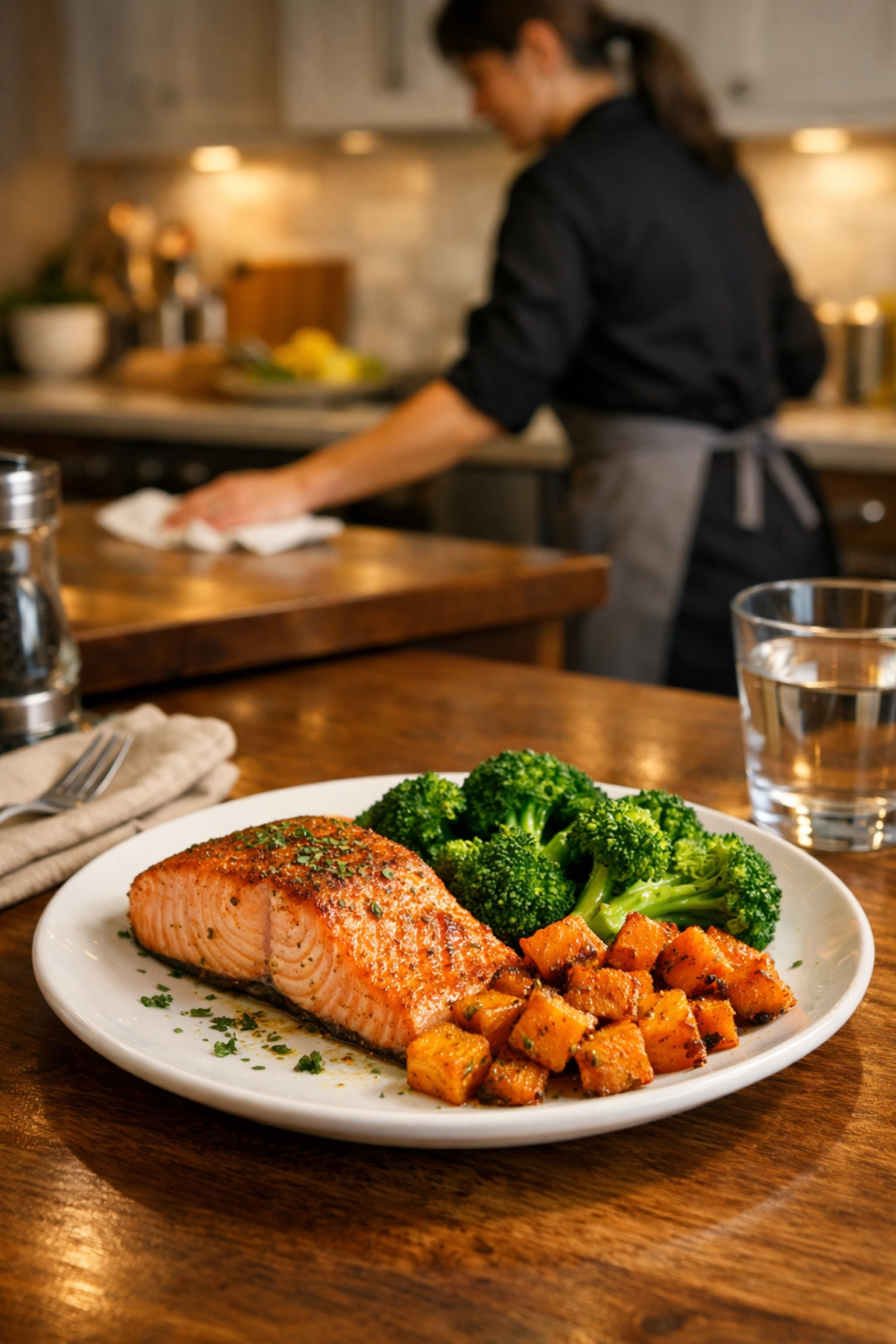 Structured nutrition support plan meal featuring fresh salmon prepared in-home by a professional Culinary Associate.
