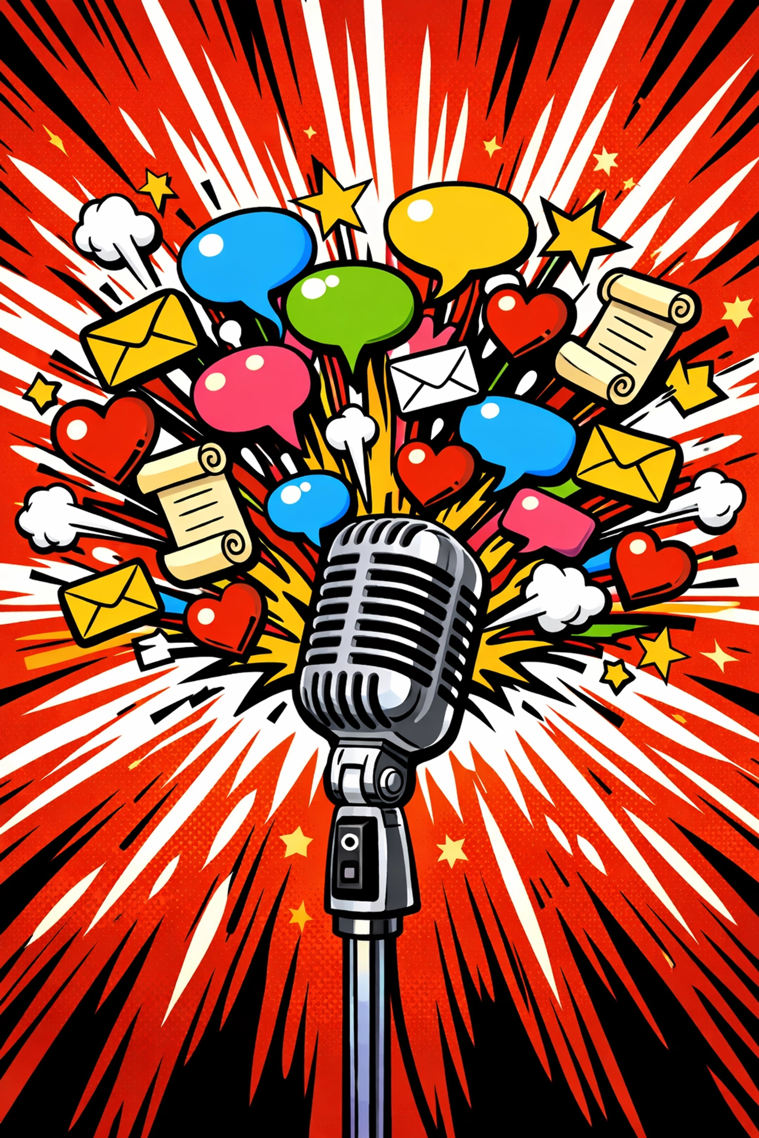 Microphone bursting with marketing posts created by an ai content generator for small business.