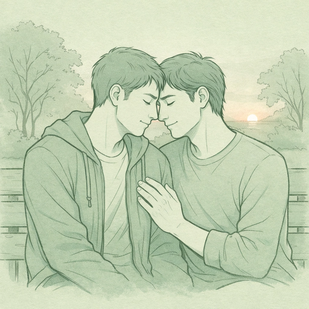 Two men sharing an intimate first love moment on a park bench in MM romance illustration