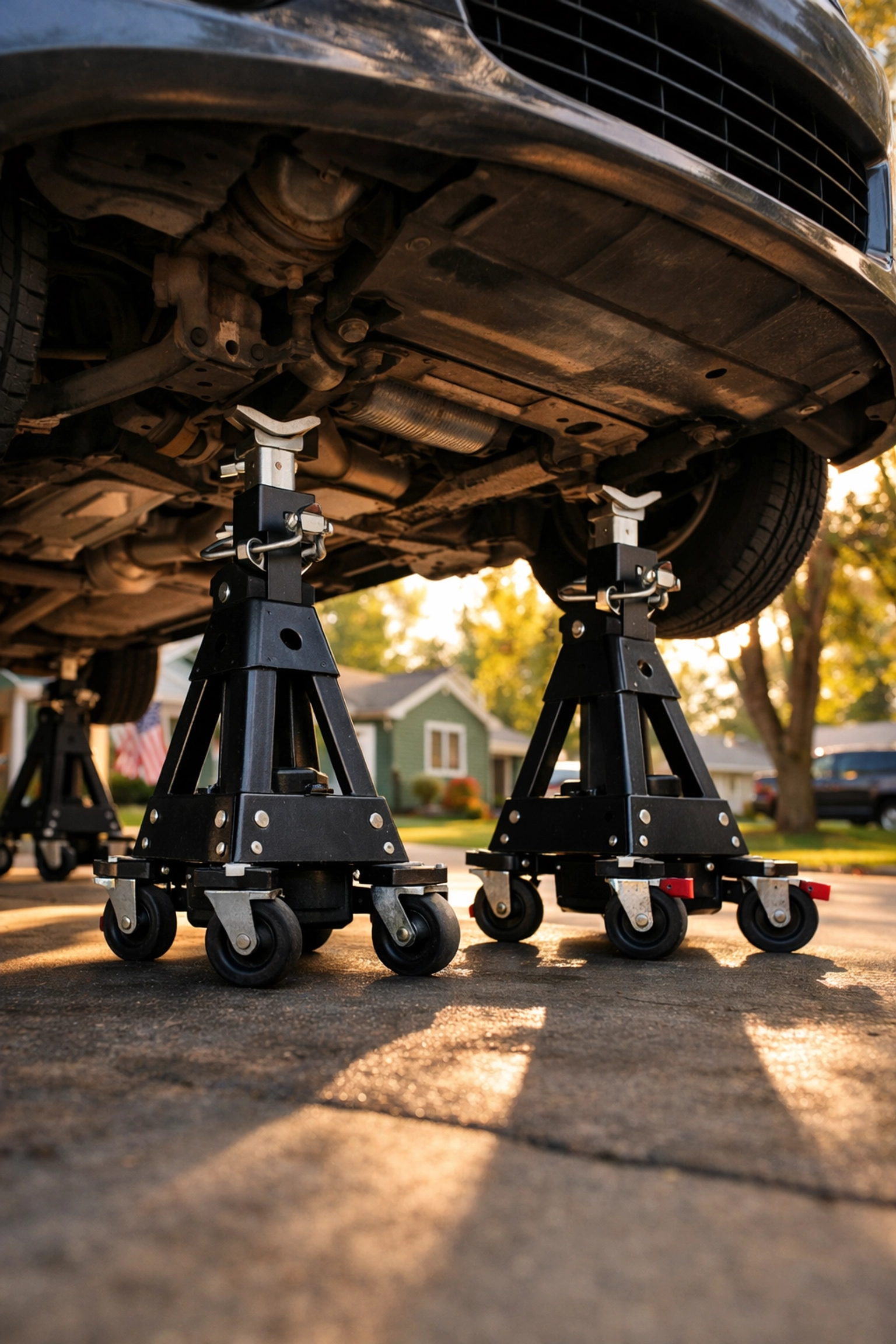 Professional mobile mechanic service using heavy-duty jack stands for safe at-home car repairs.
