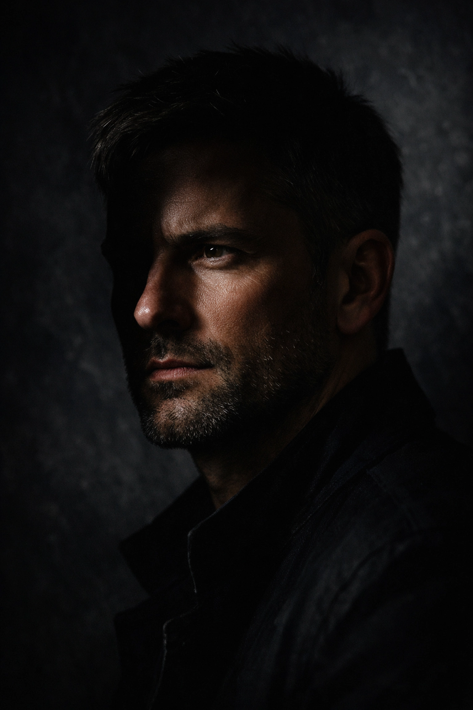 Cinematic portrait using short lighting portrait photography techniques to create mood and drama.