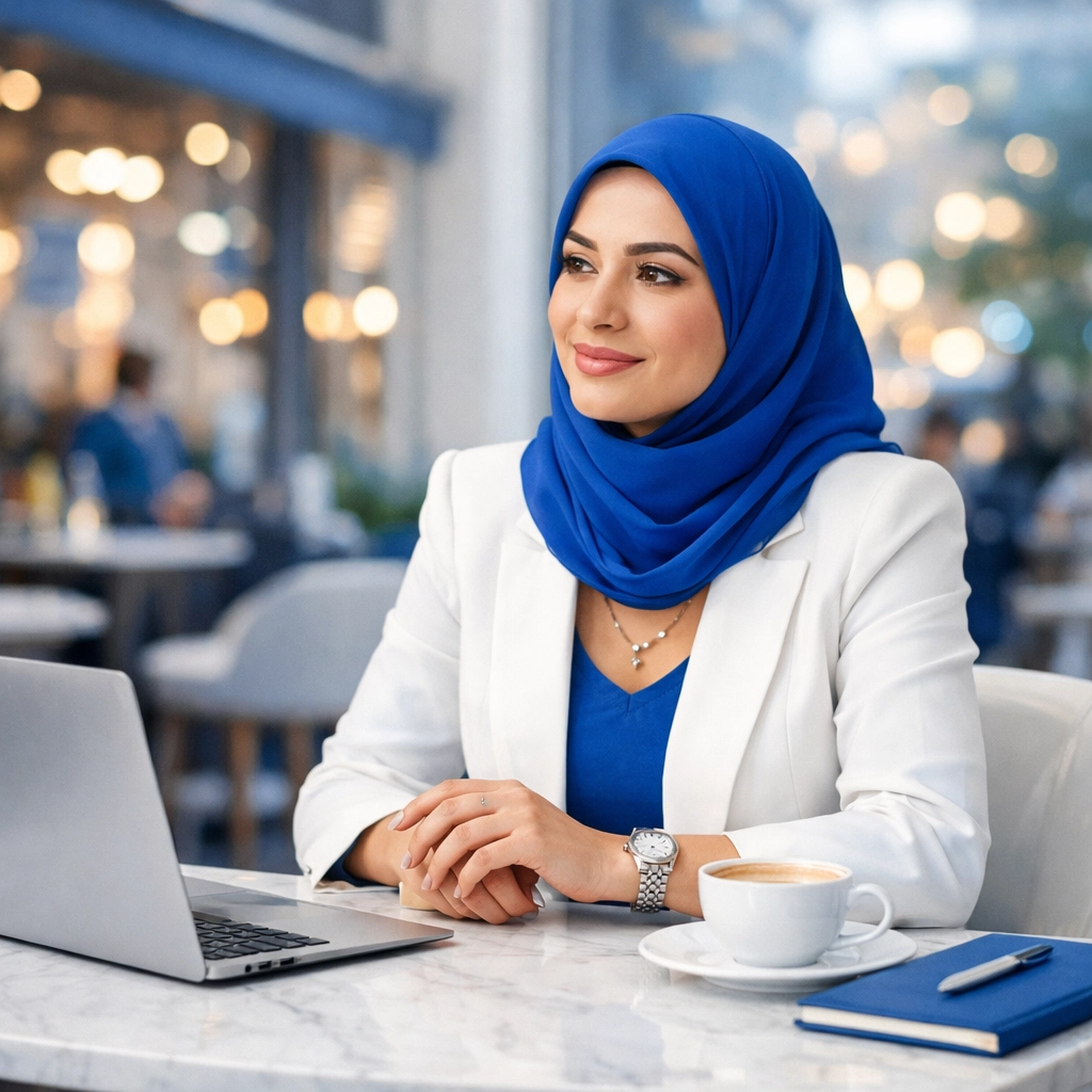 Confident woman business owner relaxing at a cafe after outsourcing her S-Corp payroll requirements and tax advisory.
