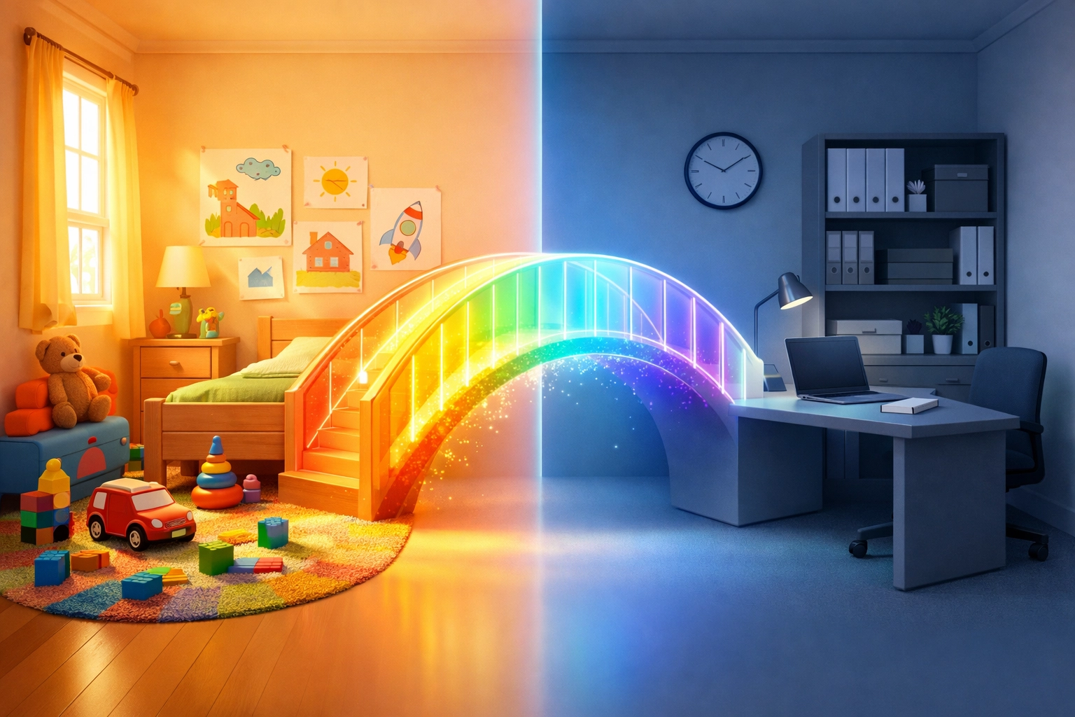 Childhood bedroom versus adult workspace illustrating childlike faith and wonder