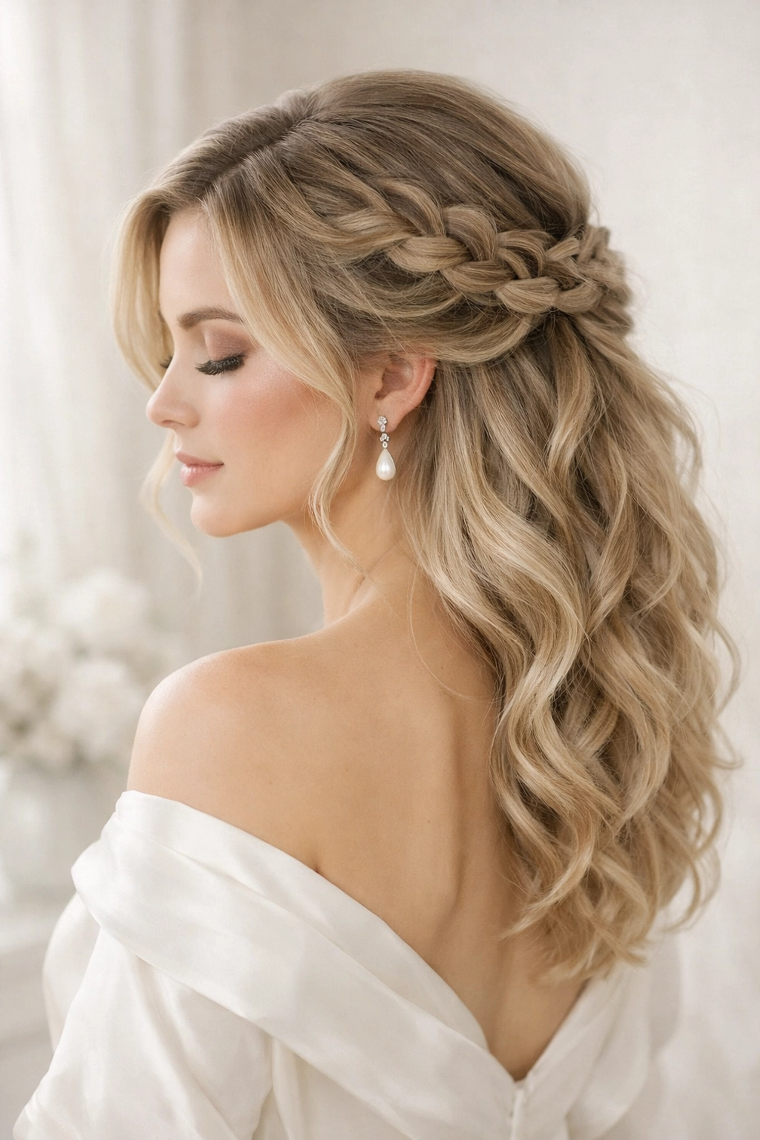 Elegant bridal hairstyle with romantic waves and face-framing highlights for a wedding in Concord NH.