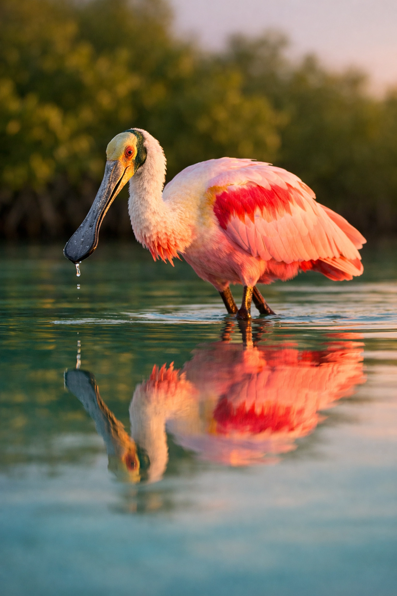 A Roseate Spoonbill wading in Florida waters during a wildlife photo tour, showcasing vibrant pink feathers.
