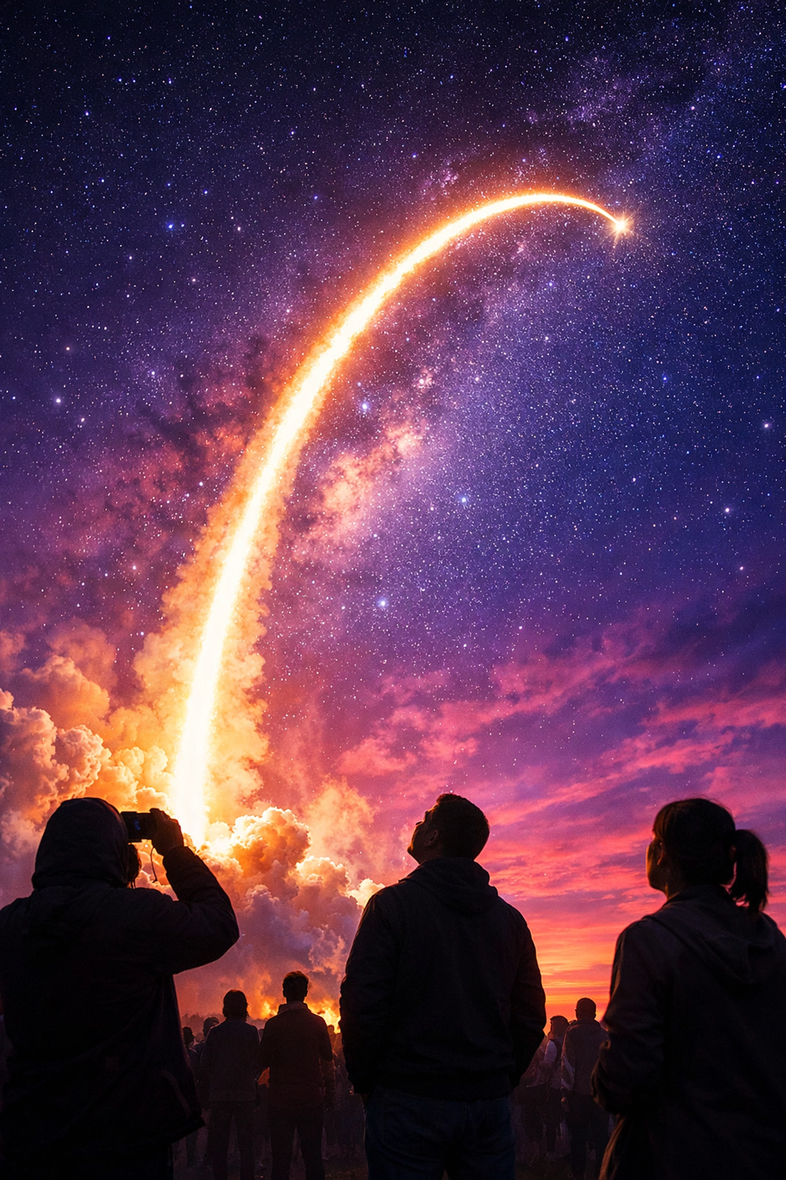 NASA SpaceX rocket launching toward space station against dawn sky