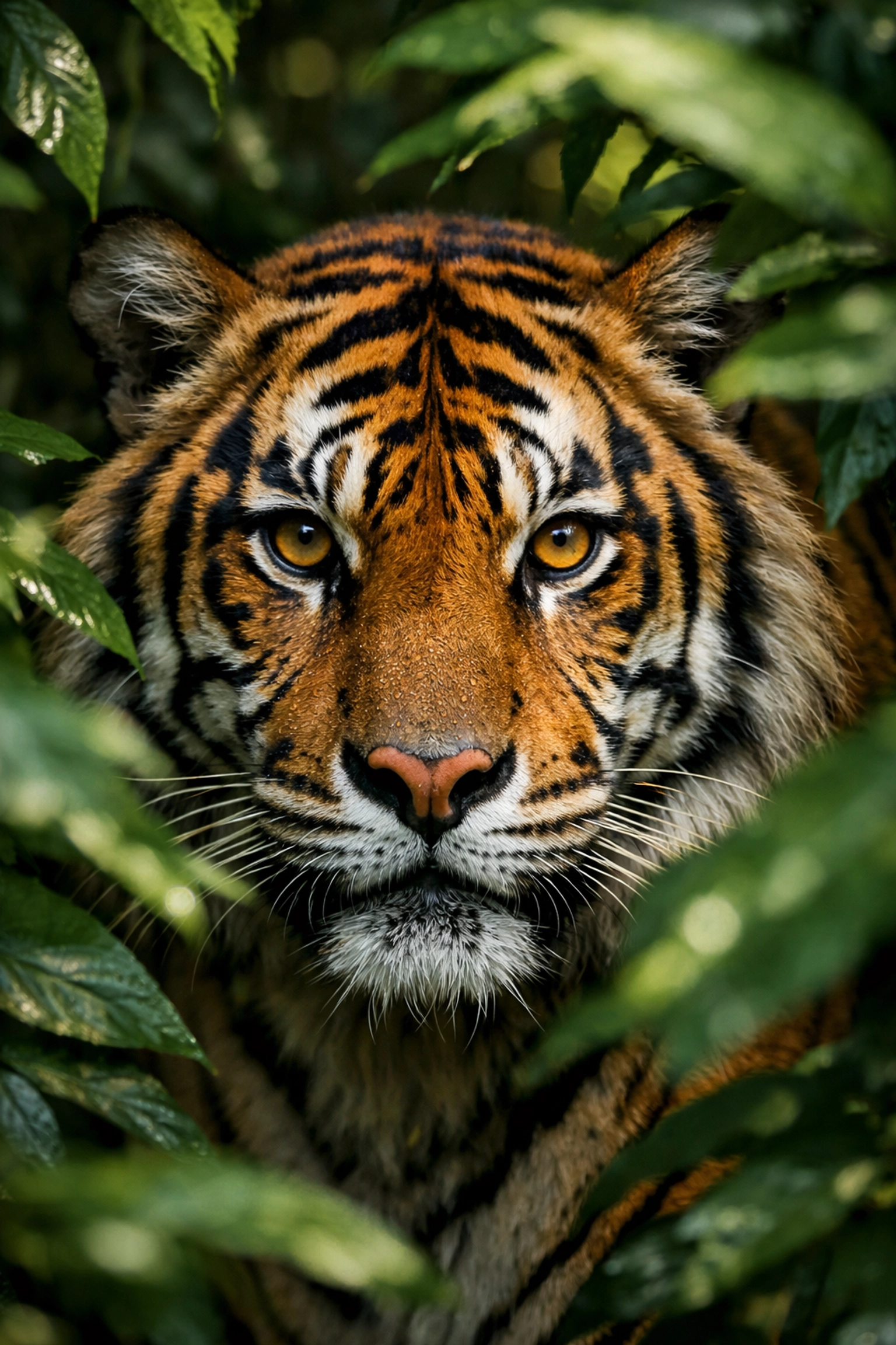 Close-up portrait of a Sumatran Tiger's face and amber eyes in a lush Indonesian rainforest.