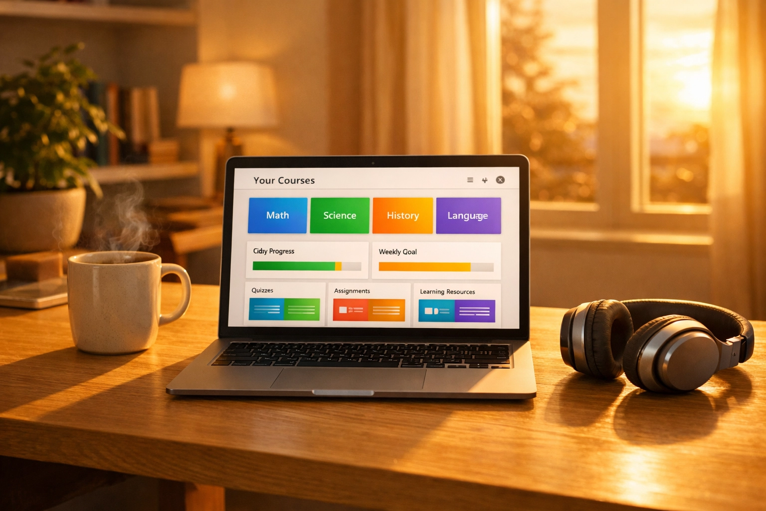 A laptop displaying free online data science resources and study progress in a modern home office setting.