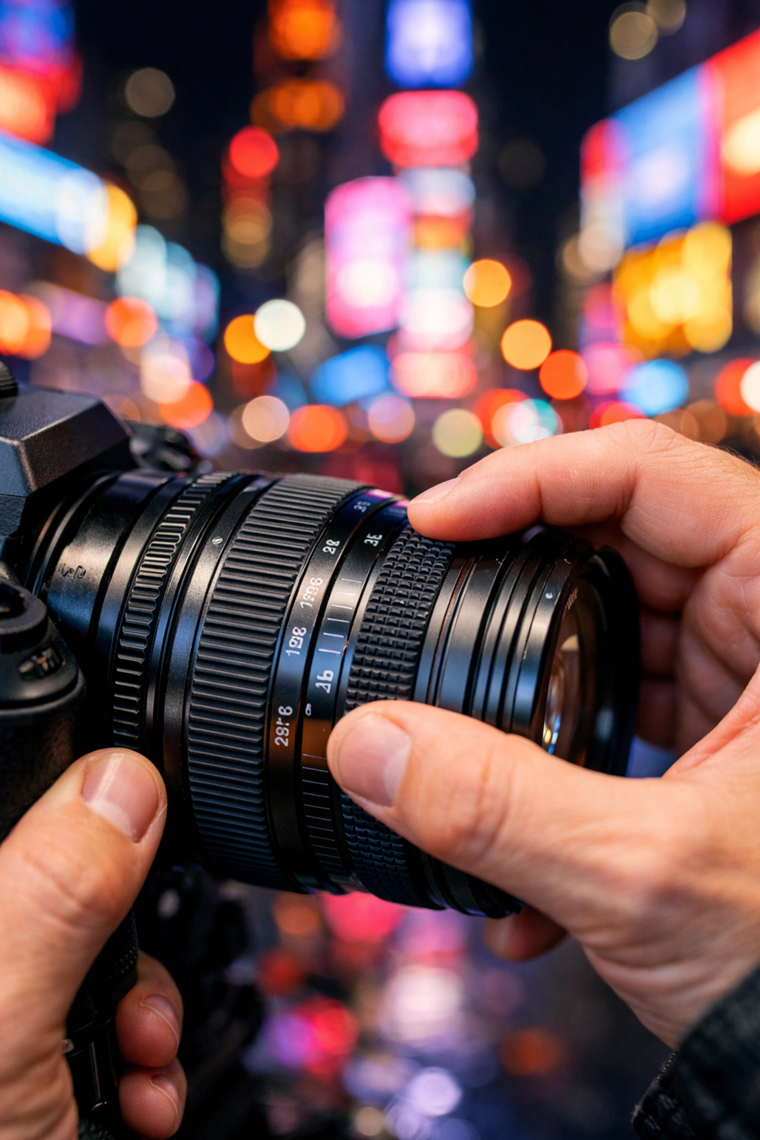 Close-up of a professional camera lens with blurred Times Square lights for high-speed NYC event photography.