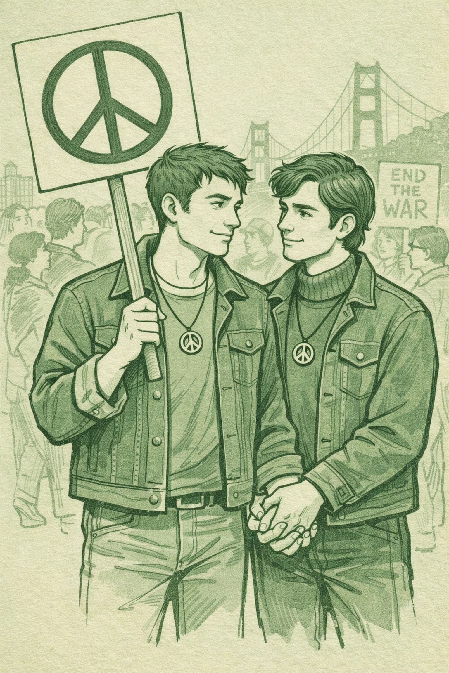Two men holding hands at Vietnam War protest march in 1960s San Francisco, gay activism and love